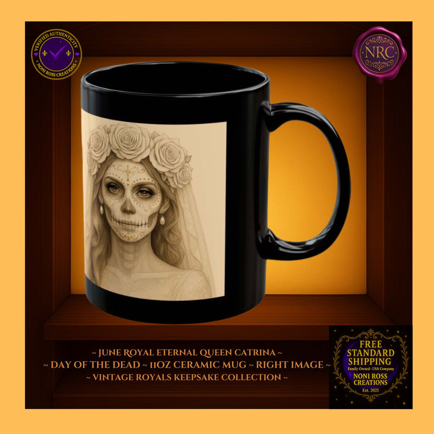 Right side—June Queen Catrina Mug with candlelight reflections and pearl accents | elegant gothic style