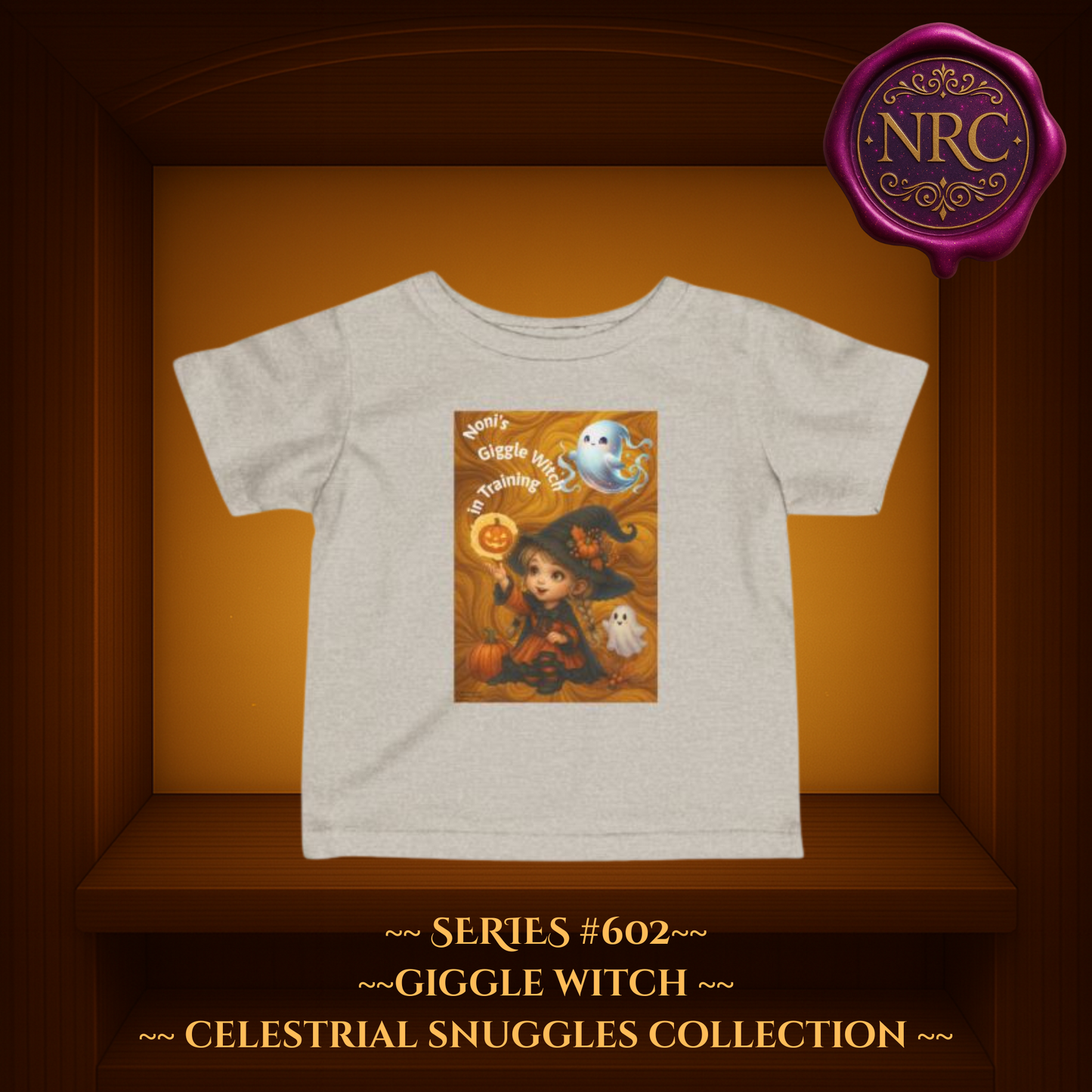 Giggle Witch in Training Toddler T-Shirt Series 502 with smiling baby witch, jack-o’-lantern, and ghosts – Celestial Snuggles Collection