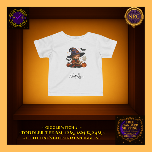 Giggle Witch 2 toddler tee in crisp white featuring the cute witch, stars, and cauldron; clean, bright canvas from Noni Ross Creations.