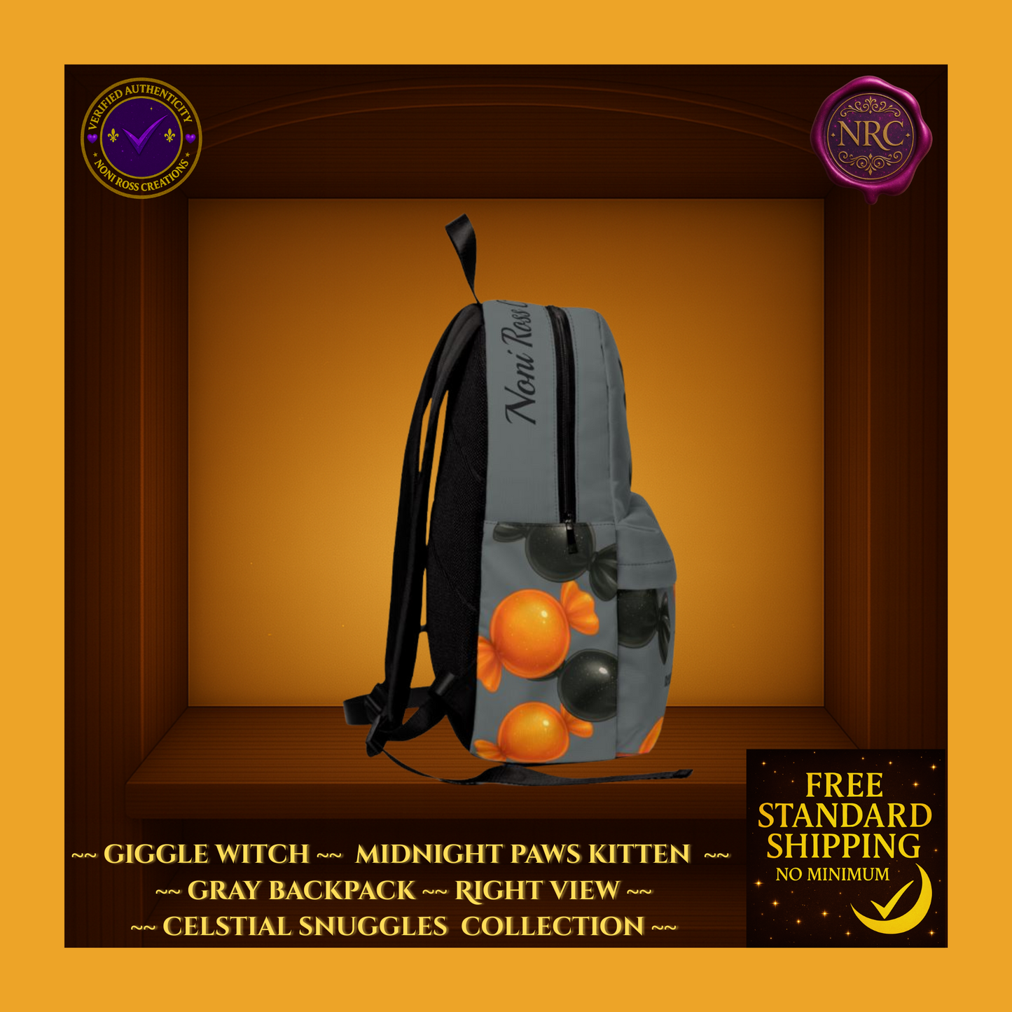 Right side pocket with orange and black candy pattern — Giggle Witch backpack
