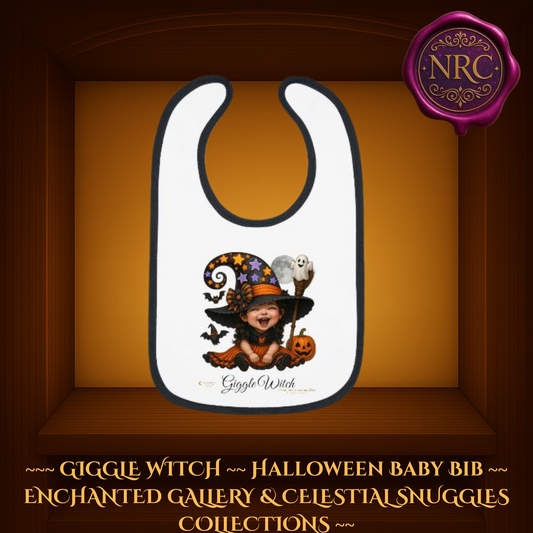 Giggle Witch Halloween Baby Bib featuring adorable laughing baby witch with purple starry hat, pumpkin, bats, and ghosts by Noni Ross Creations