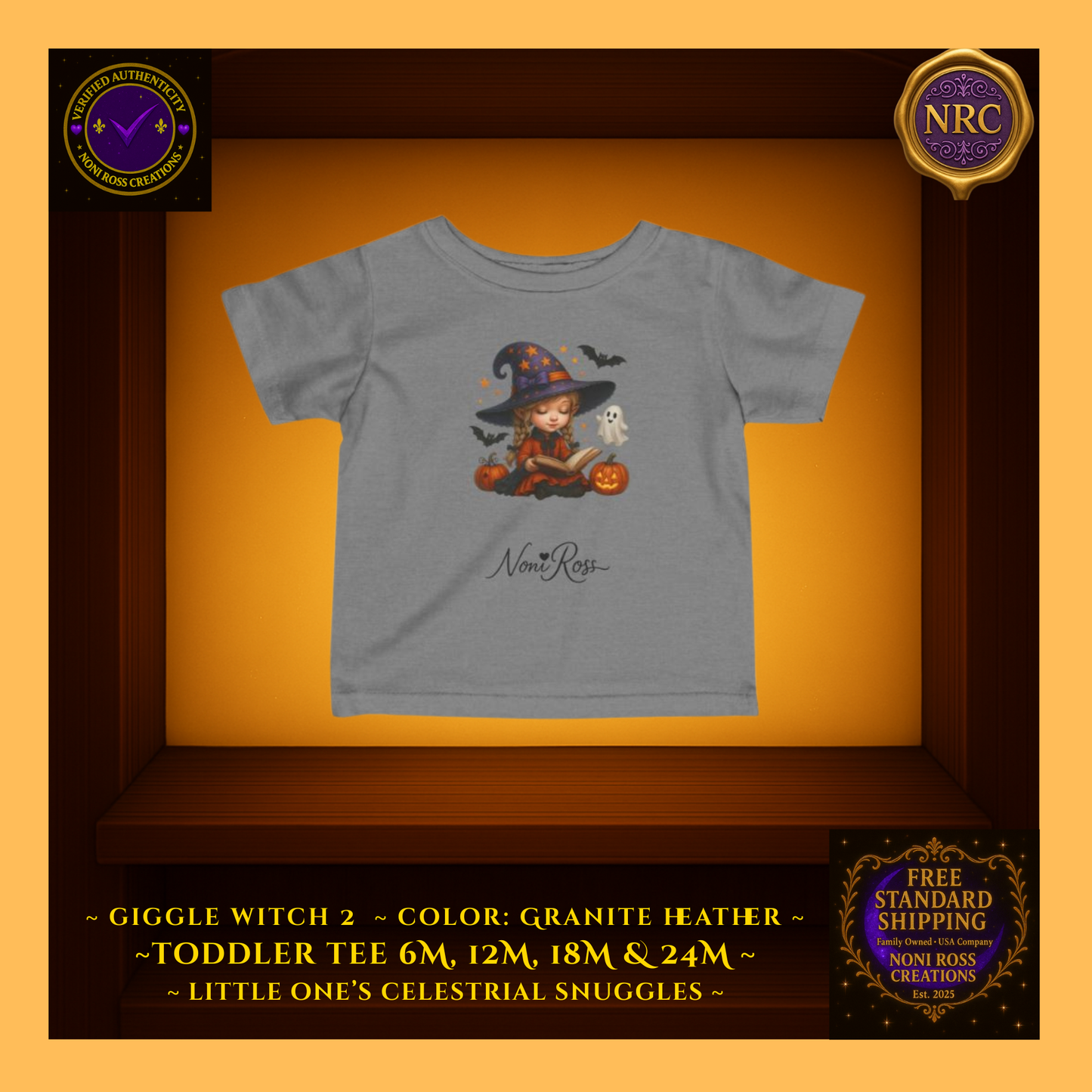 Giggle Witch 3 toddler tee in granite heather grey showcasing the cute cauldron-stirring witch; durable print, Celestial Snuggles Collection.