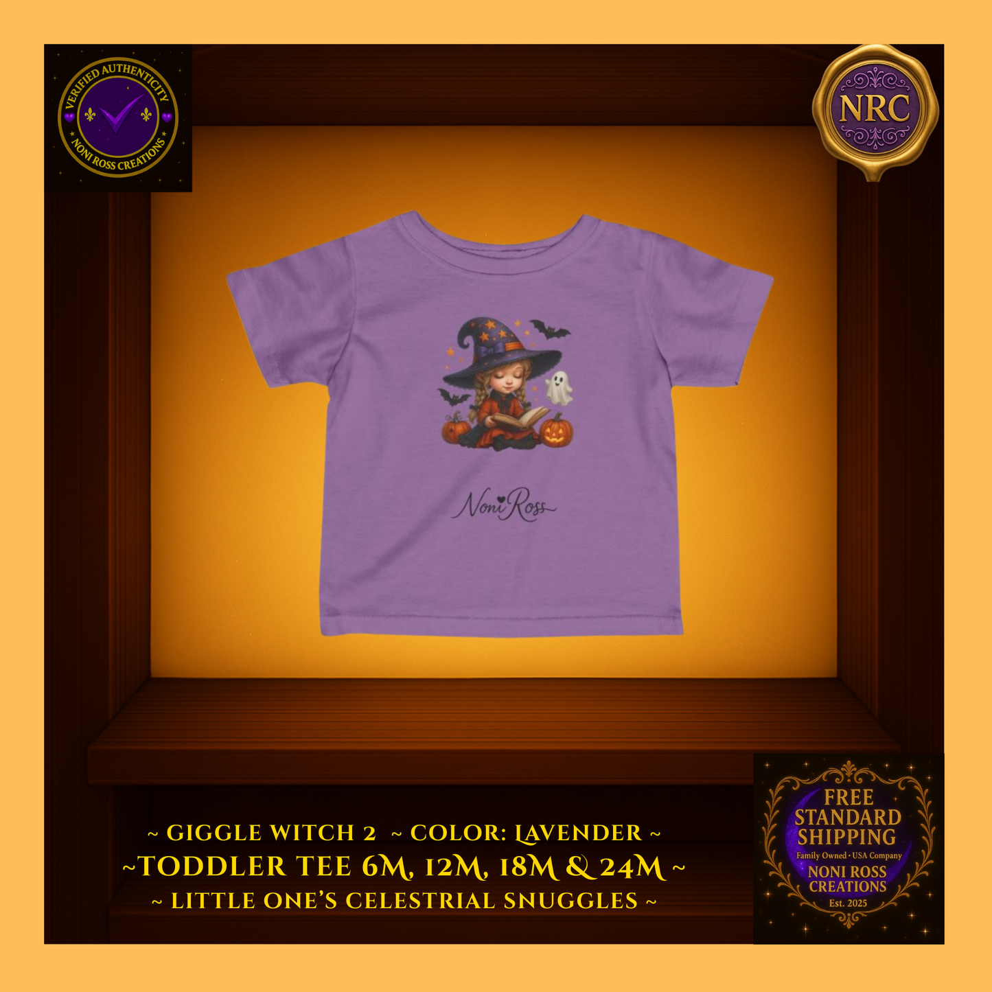 Giggle Witch 3 toddler tee in soft lavender with enchanting witch illustration; gentle pastel vibe by Noni Ross Creations.