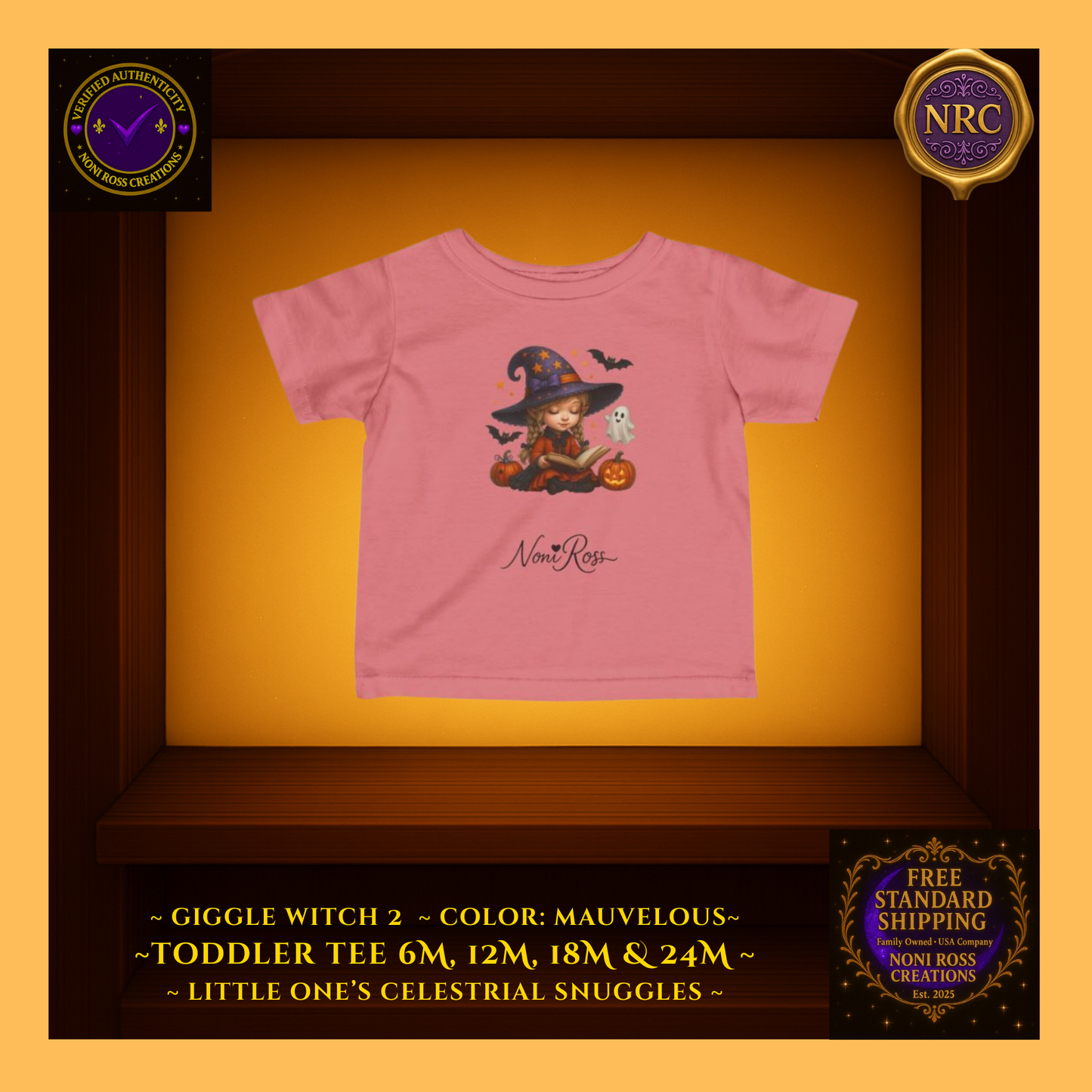 Giggle Witch 2 toddler tee in mauve with whimsical witch and potion steam; trendy neutral for toddlers, Noni Ross Creations.