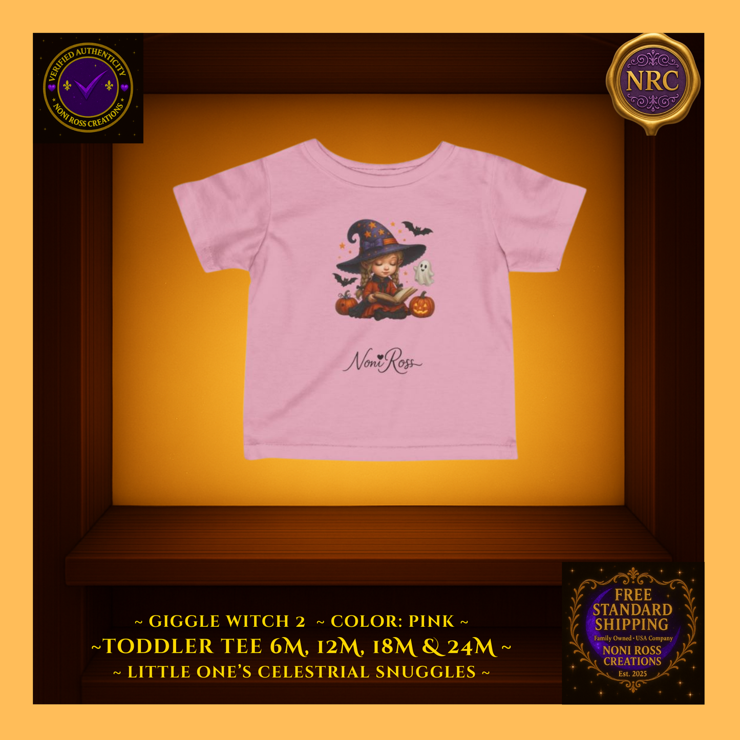 Giggle Witch 3 toddler tee in pink featuring a sweet little witch stirring her cauldron with stars and pumpkins; soft, comfy cotton from Noni Ross Creations.