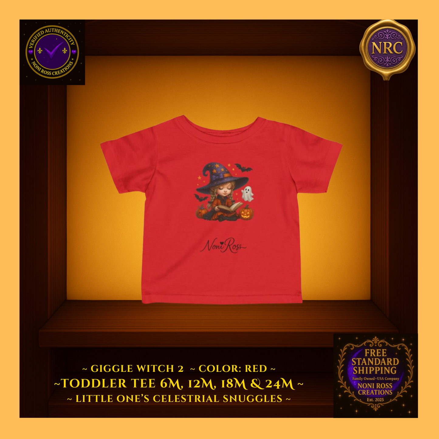 Giggle Witch 2 toddler tee in cheerful red with magical witch artwork; bold holiday-ready staple by Noni Ross Creations.
