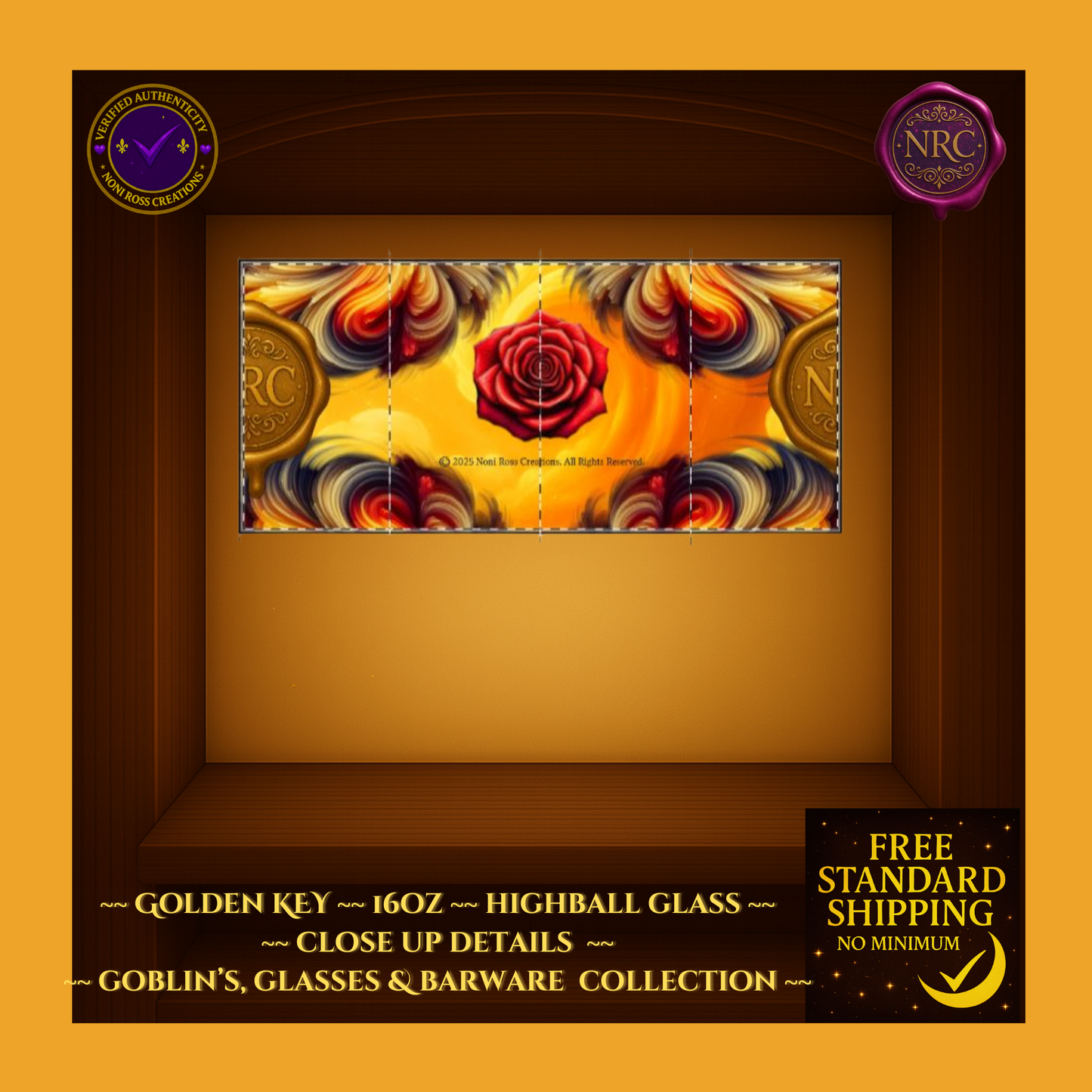 Noni Ross Creations Golden Key highball glass, 16oz clear tumbler with gold swirl artwork and NRC medallion.