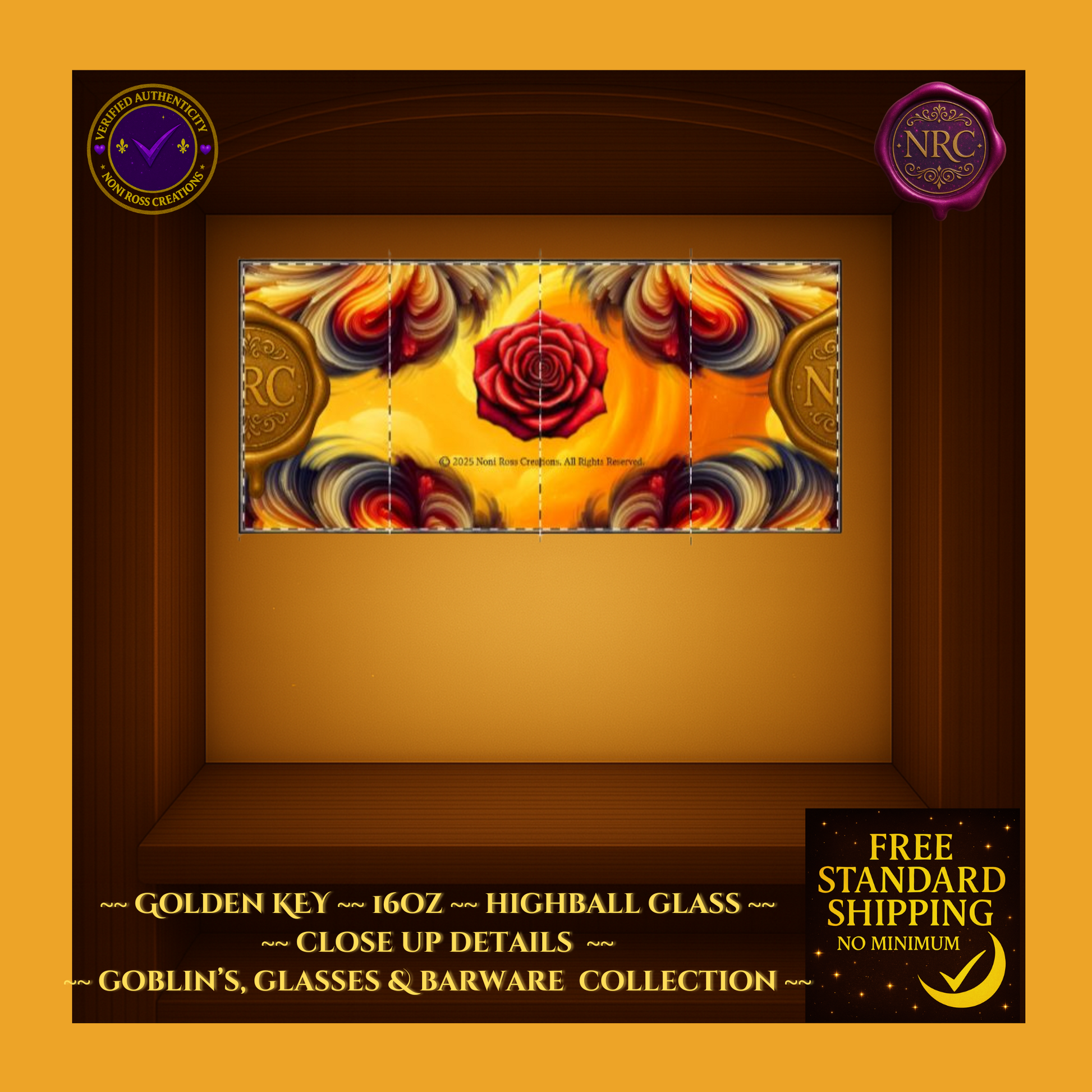 Noni Ross Creations Golden Key highball glass, 16oz clear tumbler with gold swirl artwork and NRC medallion.