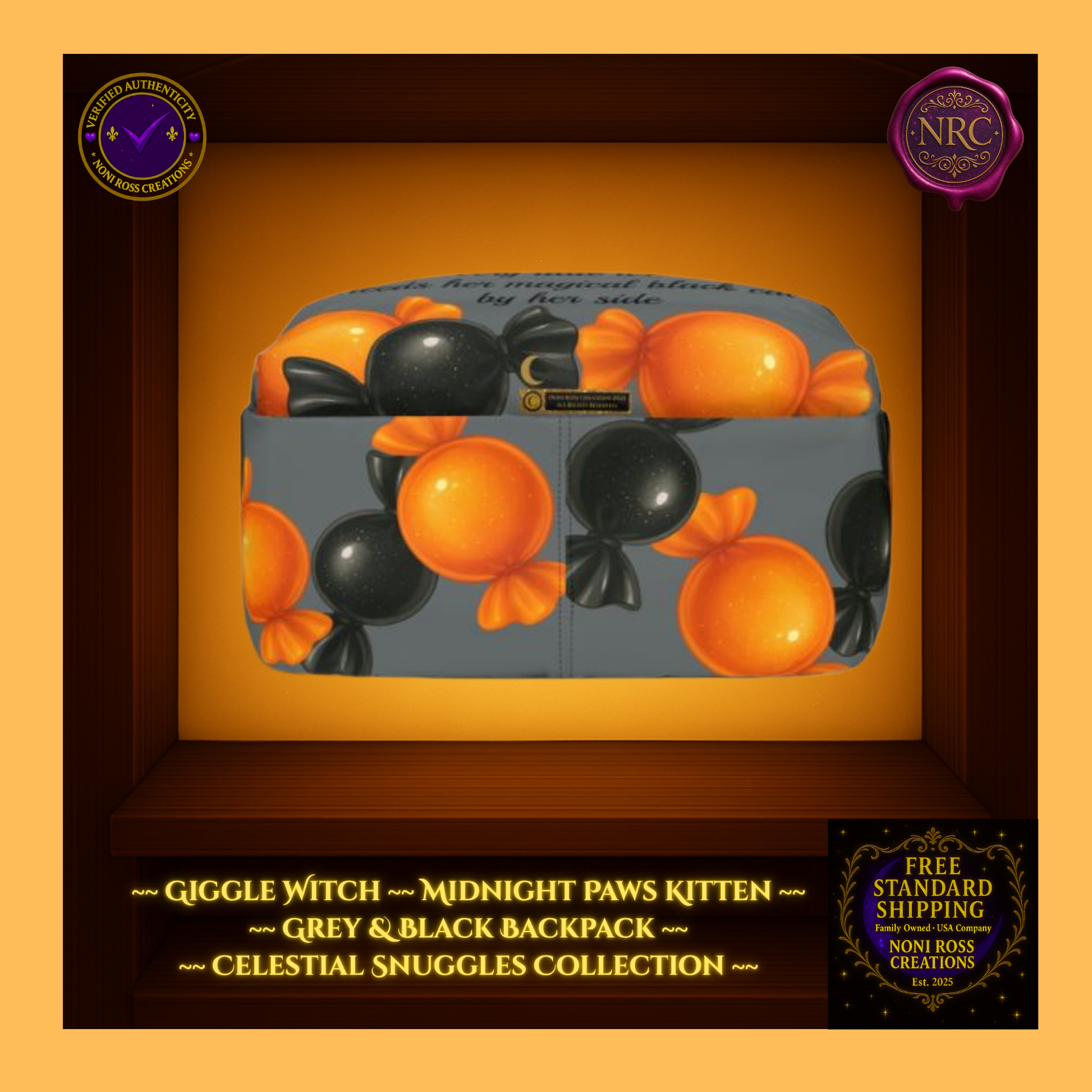 Bottom panel with orange and black candy print — Giggle Witch Midnight Paws Kitten backpack