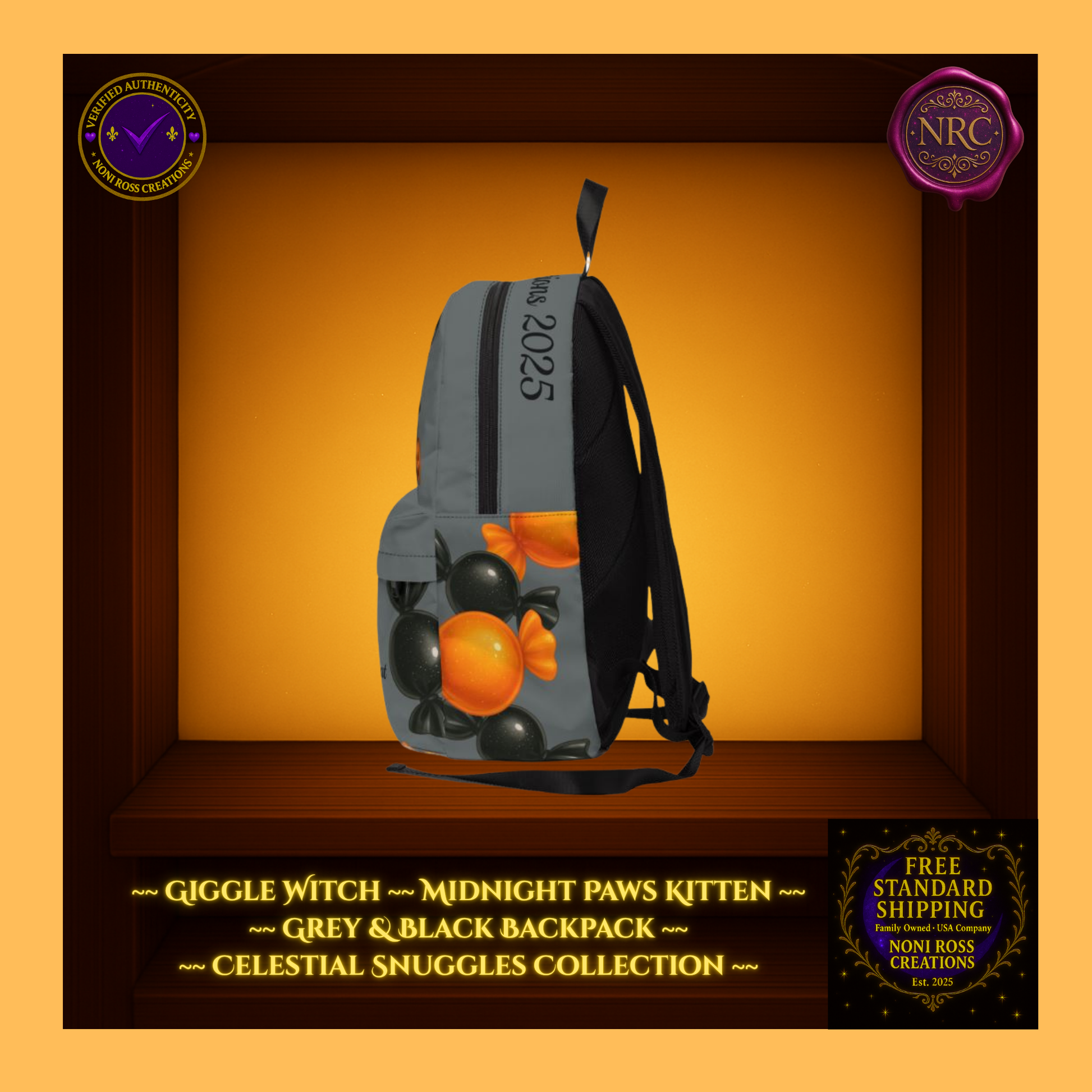 Left side of grey backpack showing Noni Ross Creations 2025 detail