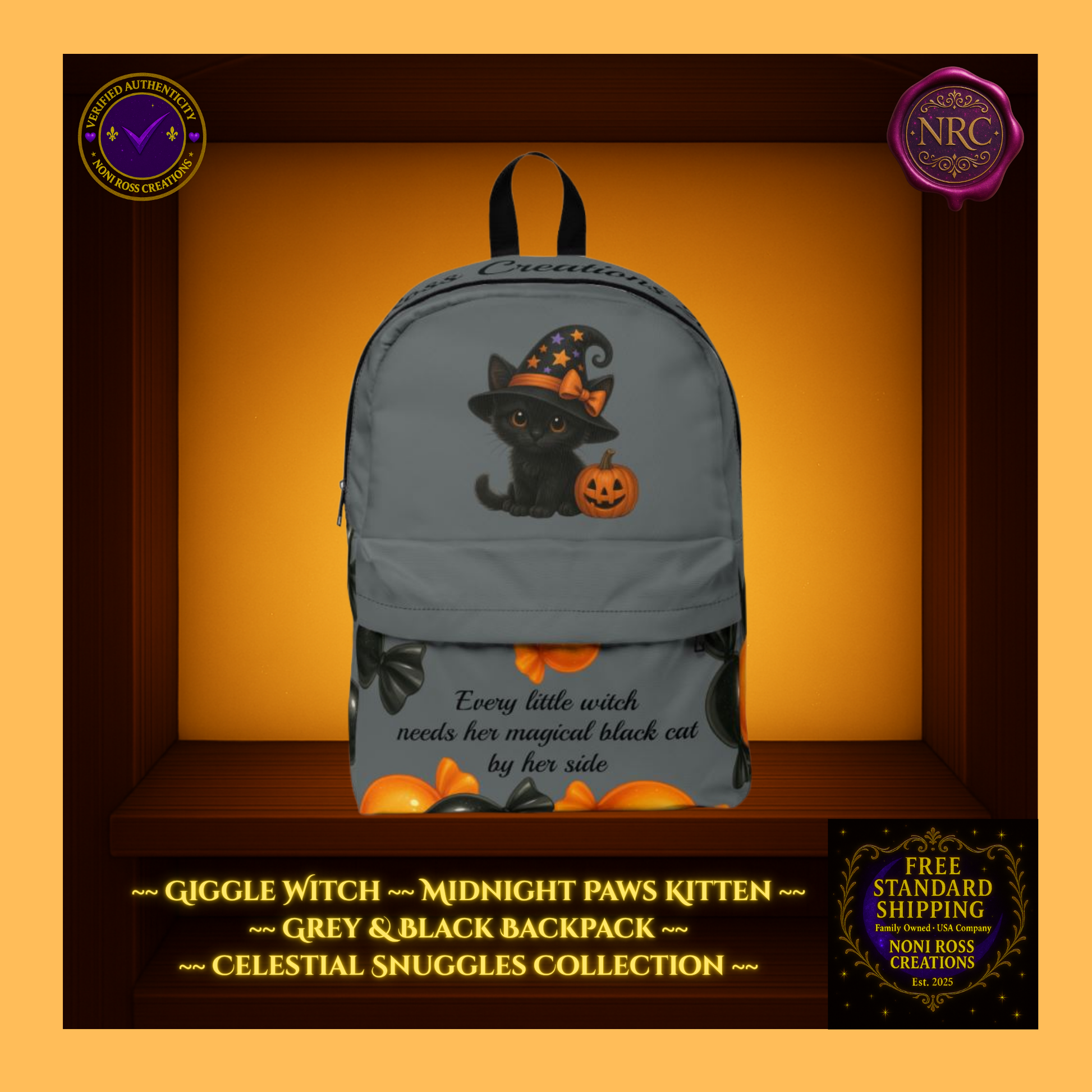 Grey & black backpack with Giggle Witch black kitten and pumpkin — Noni Ross Creations