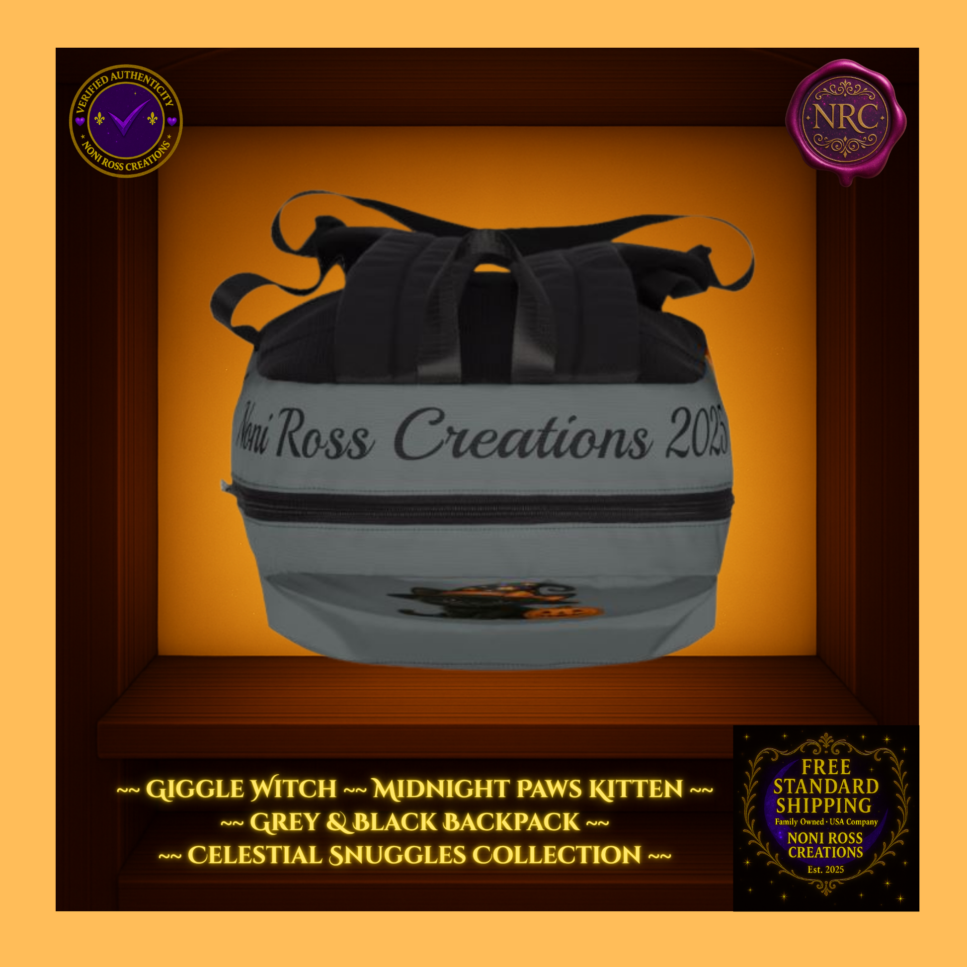 Top view of grey backpack with padded black straps — Noni Ross Creations