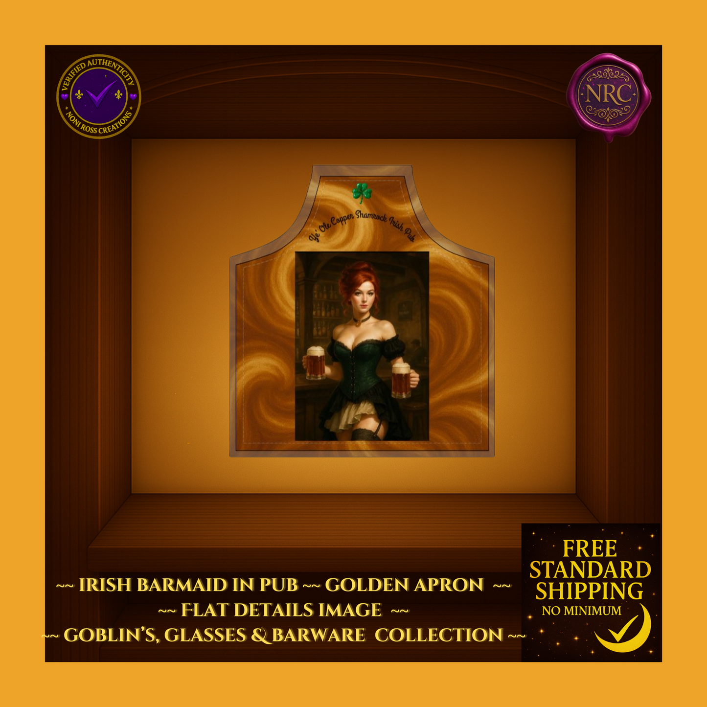 Golden Apron Irish Barmaid serving ales in a vintage pub – collectible barware apron by Noni Ross Creations