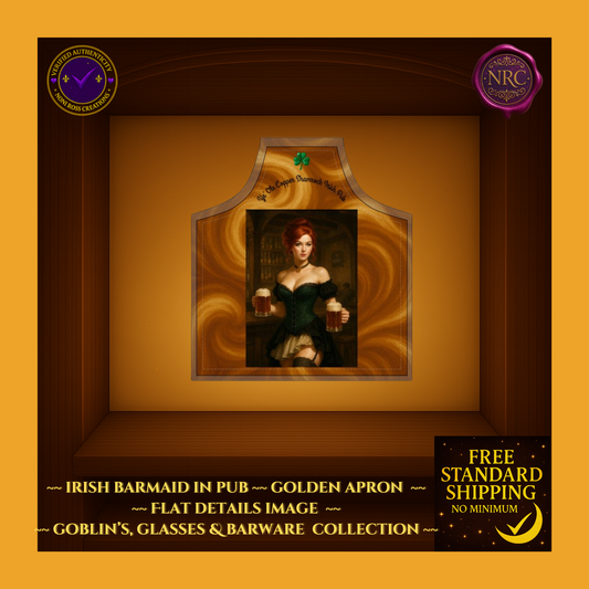 Golden Apron Irish Barmaid serving ales in a vintage pub – collectible barware apron by Noni Ross Creations