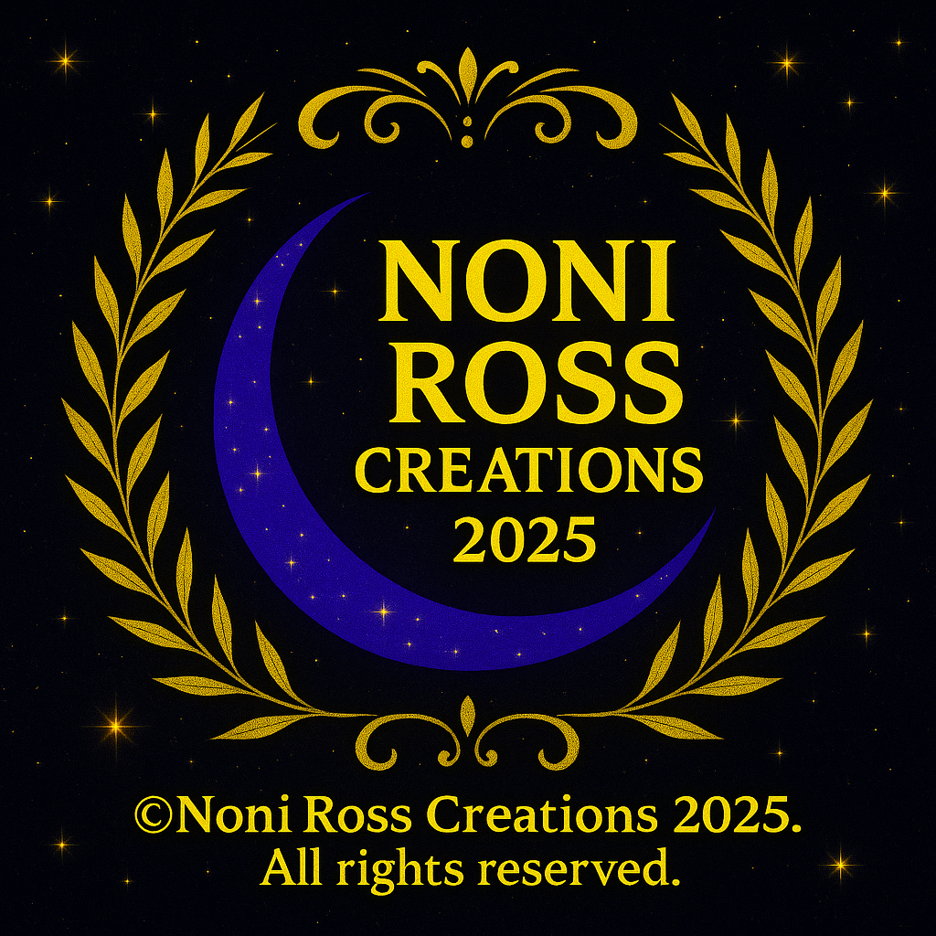 Noni Ross Creations 2025 copyright badge with golden laurel wreath and crescent moon on a starry black background.