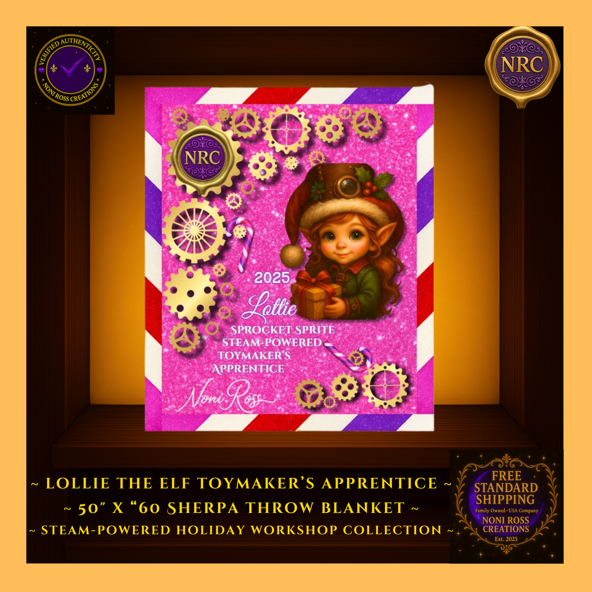 Close-up gold cubby view highlighting Lottie the Elf with glowing pink sparkles, candy-cane stripes, and golden gear details on the plush fleece blanket