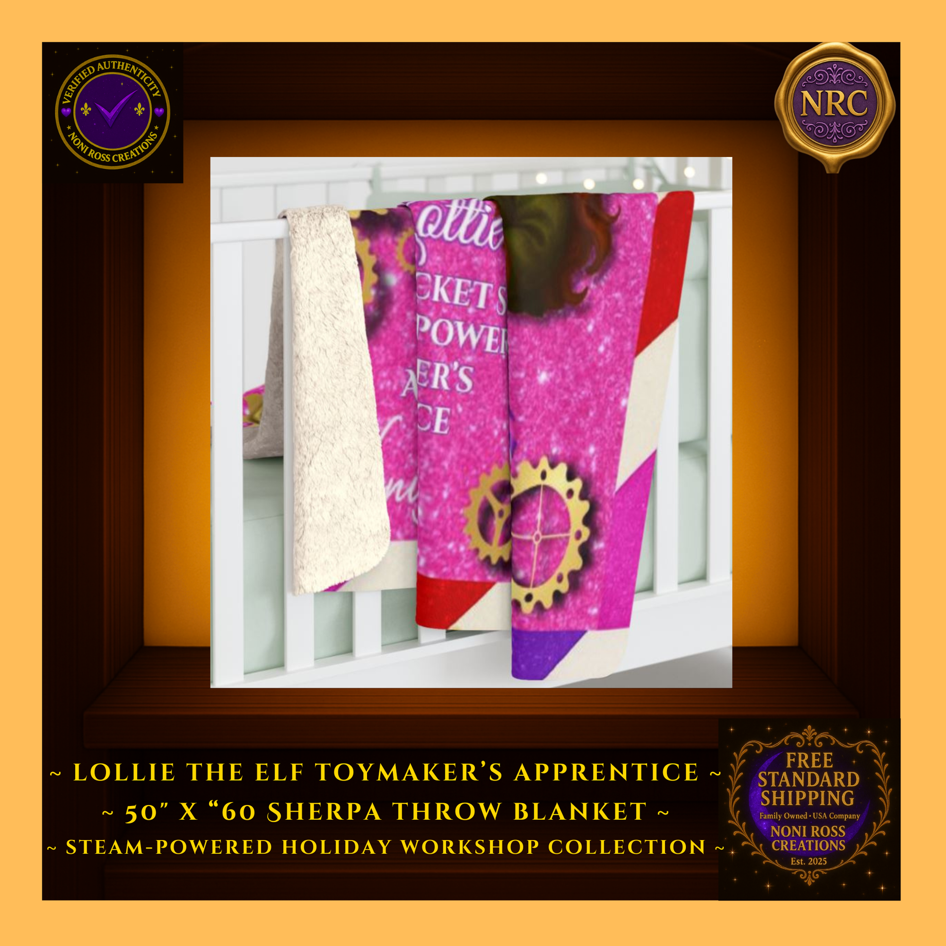 Gold cubby lifestyle image of the Pink Candy Cane Lottie blanket draped over a crib, showcasing its bright candy-cane colors and cozy fleece fabric