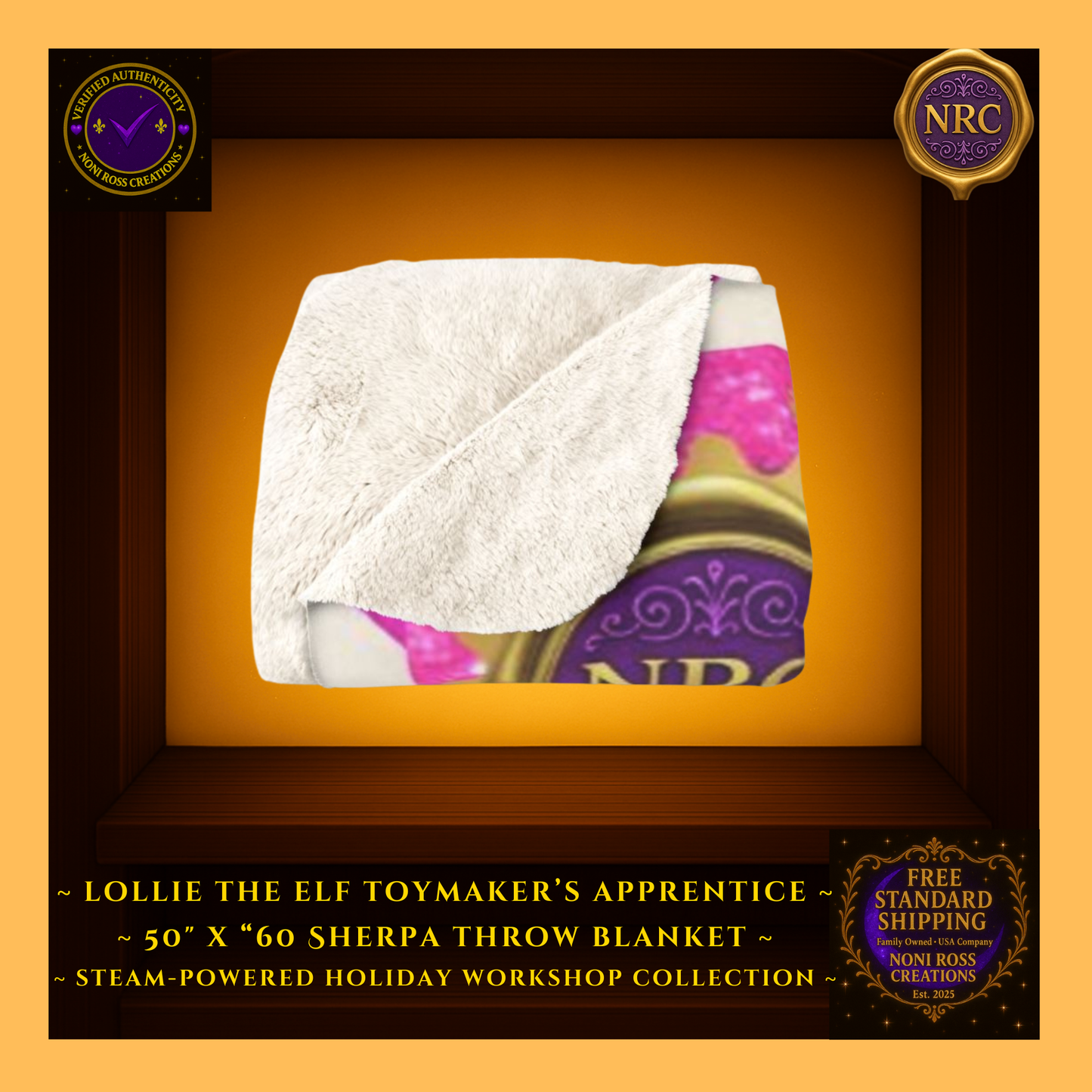 Folded gold cubby display of the Pink Candy Cane Lottie blanket showing soft plush texture and vibrant pink holiday artwork