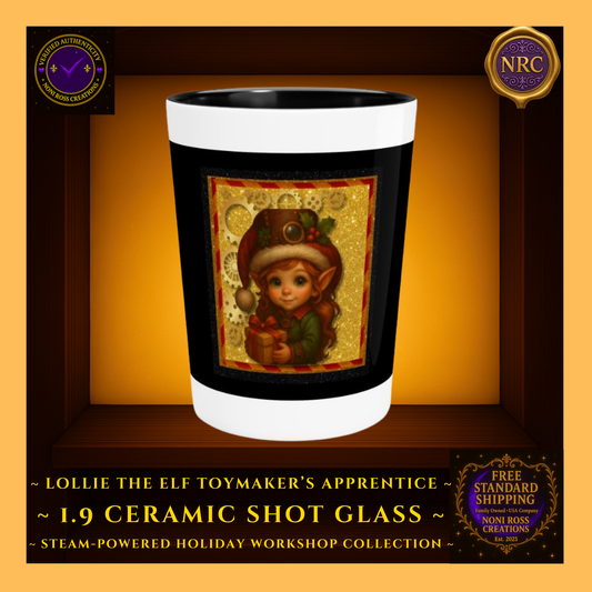 Steam-Powered Girl Elf 1.9oz ceramic shot glass centered in NRC cubby frame, full front artwork with steampunk holiday elf visible.