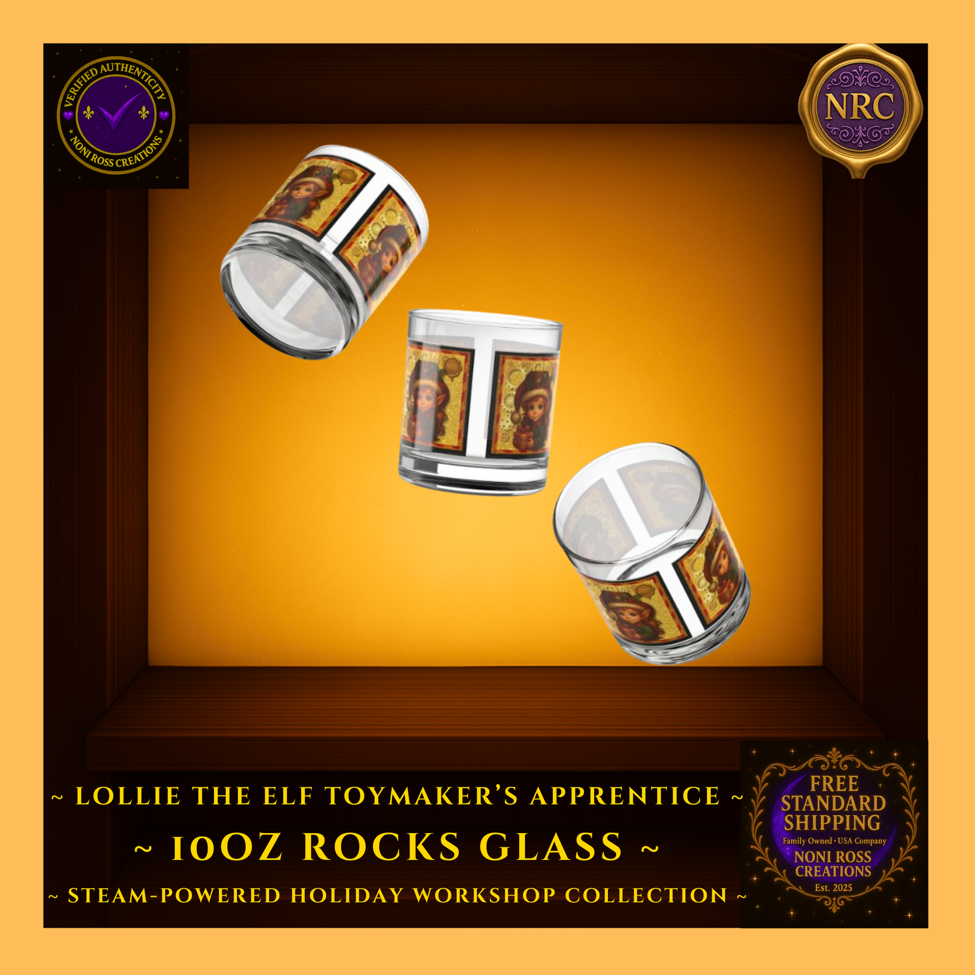 Steam-Powered Girl Elf 10oz rocks glass in NRC cubby lifestyle scene, styled as whimsical steampunk holiday barware on a Christmas-themed surface.