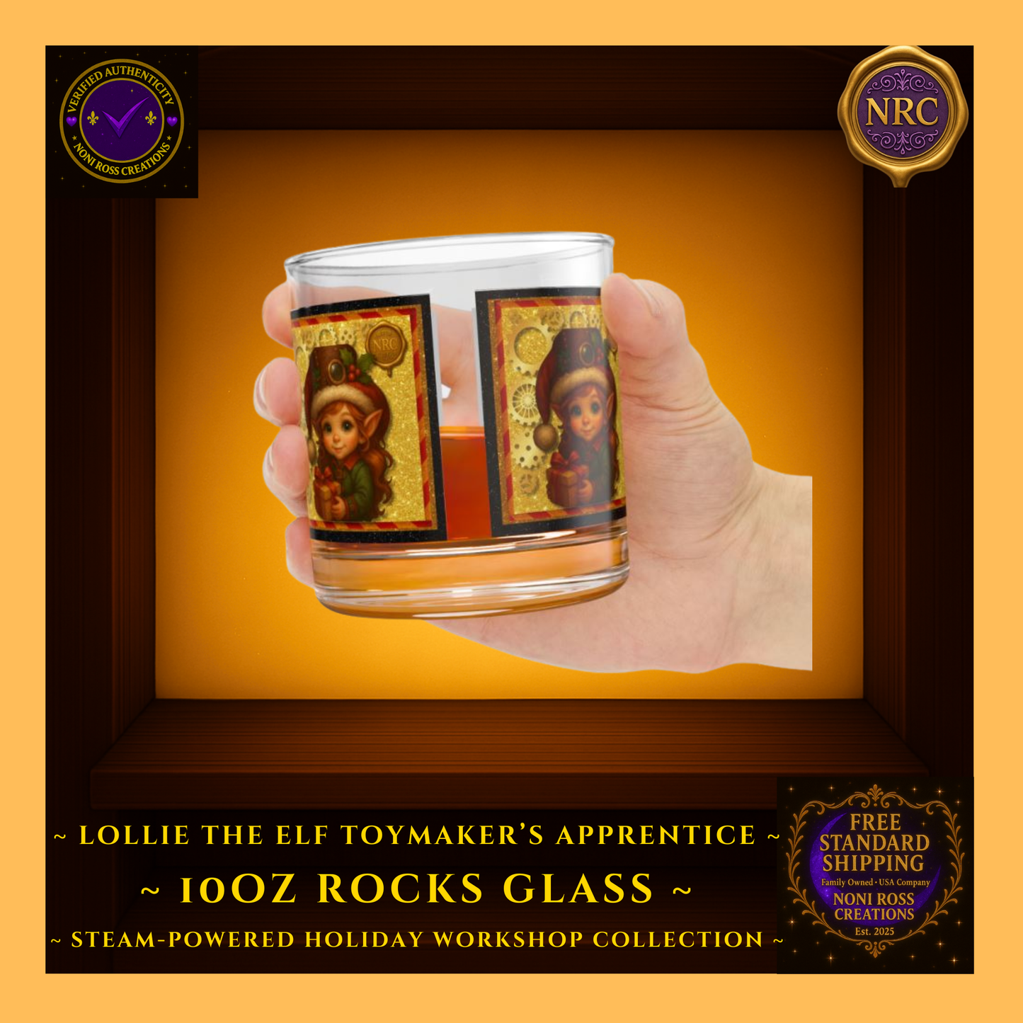 Steam-Powered Girl Elf 10oz rocks glass in NRC cubby lifestyle display, presented as a gift-ready Christmas barware piece from Noni Ross Creations.