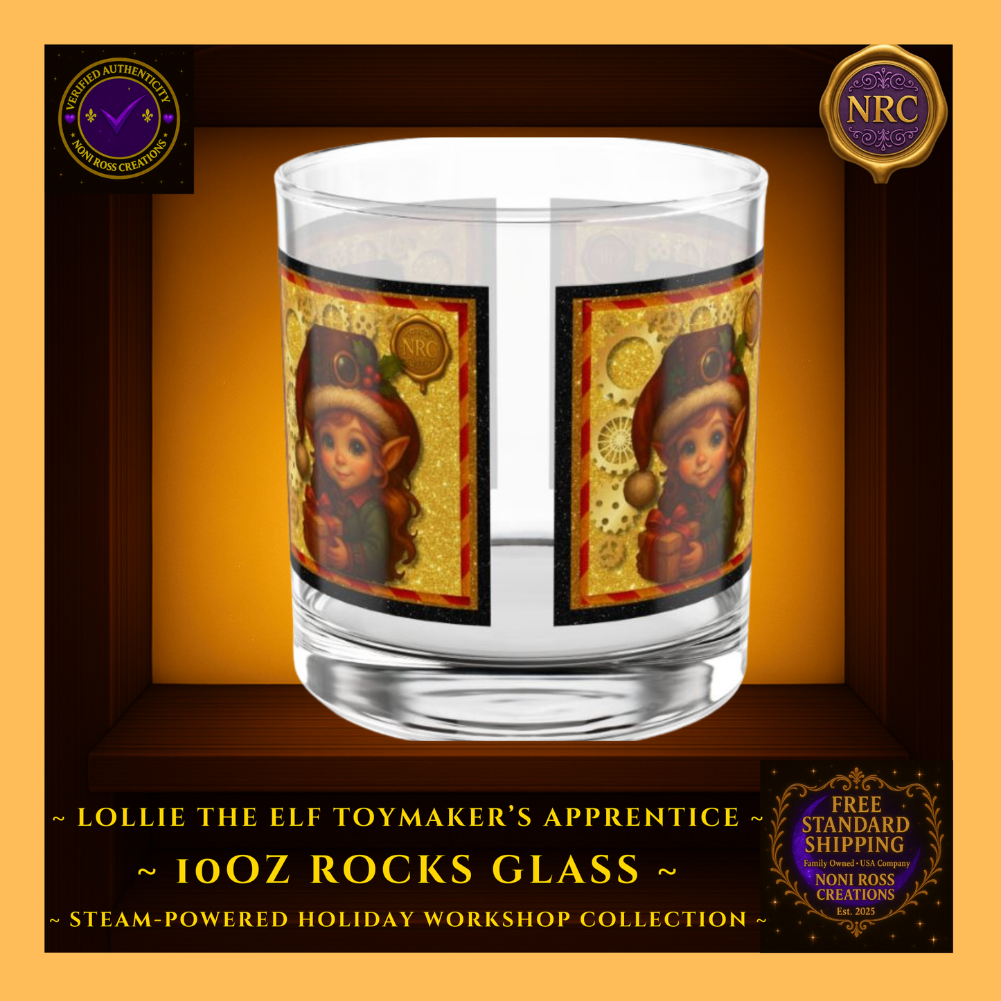 Steam-Powered Lollie the Elf 10oz rocks glass centered in NRC cubby frame, full front steampunk holiday elf artwork clearly visible.