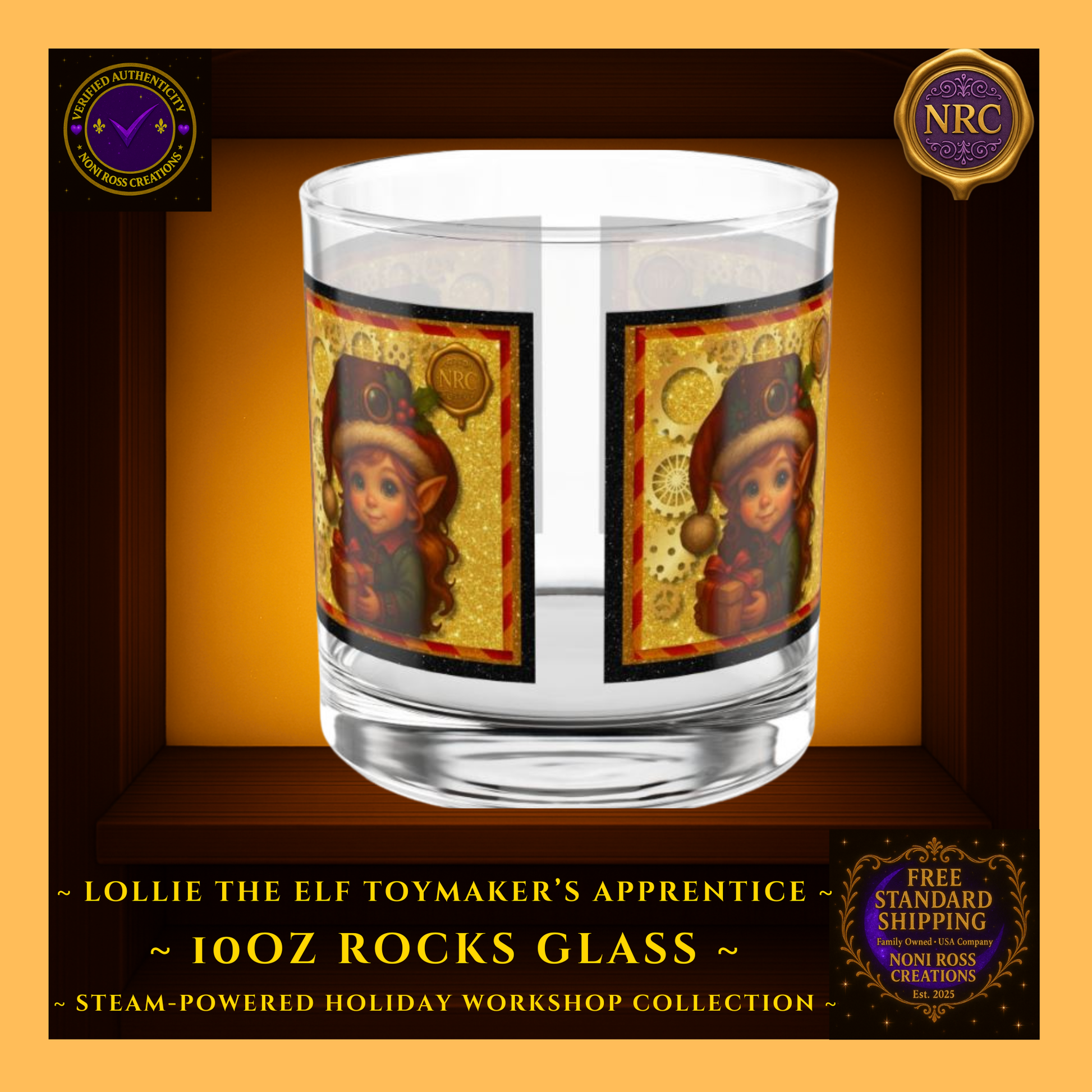 Steam-Powered Lollie the Elf 10oz rocks glass centered in NRC cubby frame, full front steampunk holiday elf artwork clearly visible.