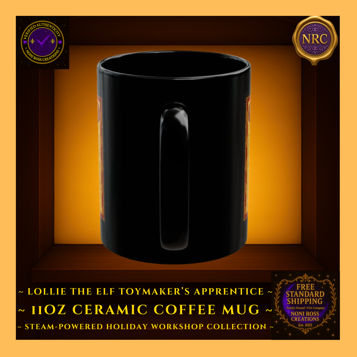 Steam-Powered Lottie the Elf 11oz ceramic coffee mug in NRC cubby frame, side angle focusing on white handle and glimpse of festive elf design.