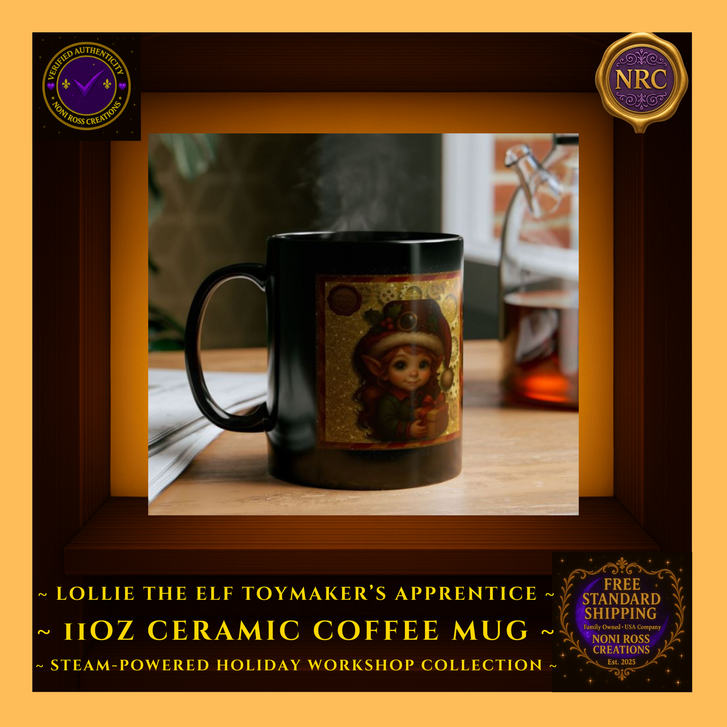 Steam-Powered Lottie the Elf 11oz ceramic coffee mug in NRC cubby lifestyle display, featured as cozy Christmas drinkware from Noni Ross Creations.