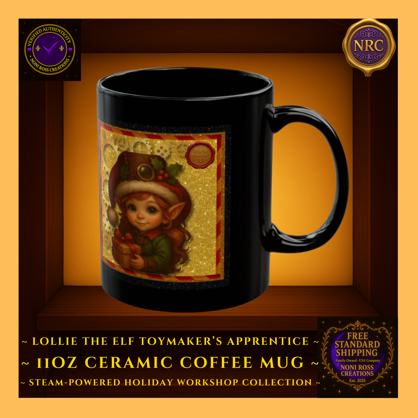 Steam-Powered Lottie the Elf 11oz ceramic coffee mug in NRC cubby frame, left side view showing curved profile and partial elf design.
