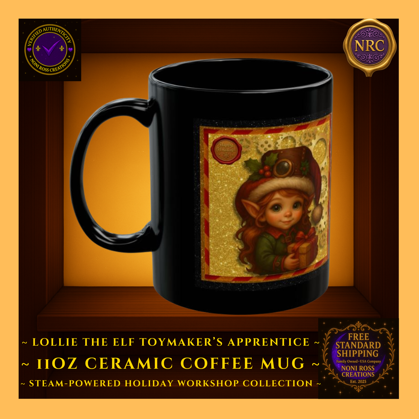 Steam-Powered Lottie the Elf 11oz ceramic coffee mug in NRC cubby frame, right side view highlighting mug shape and edge of steampunk artwork.