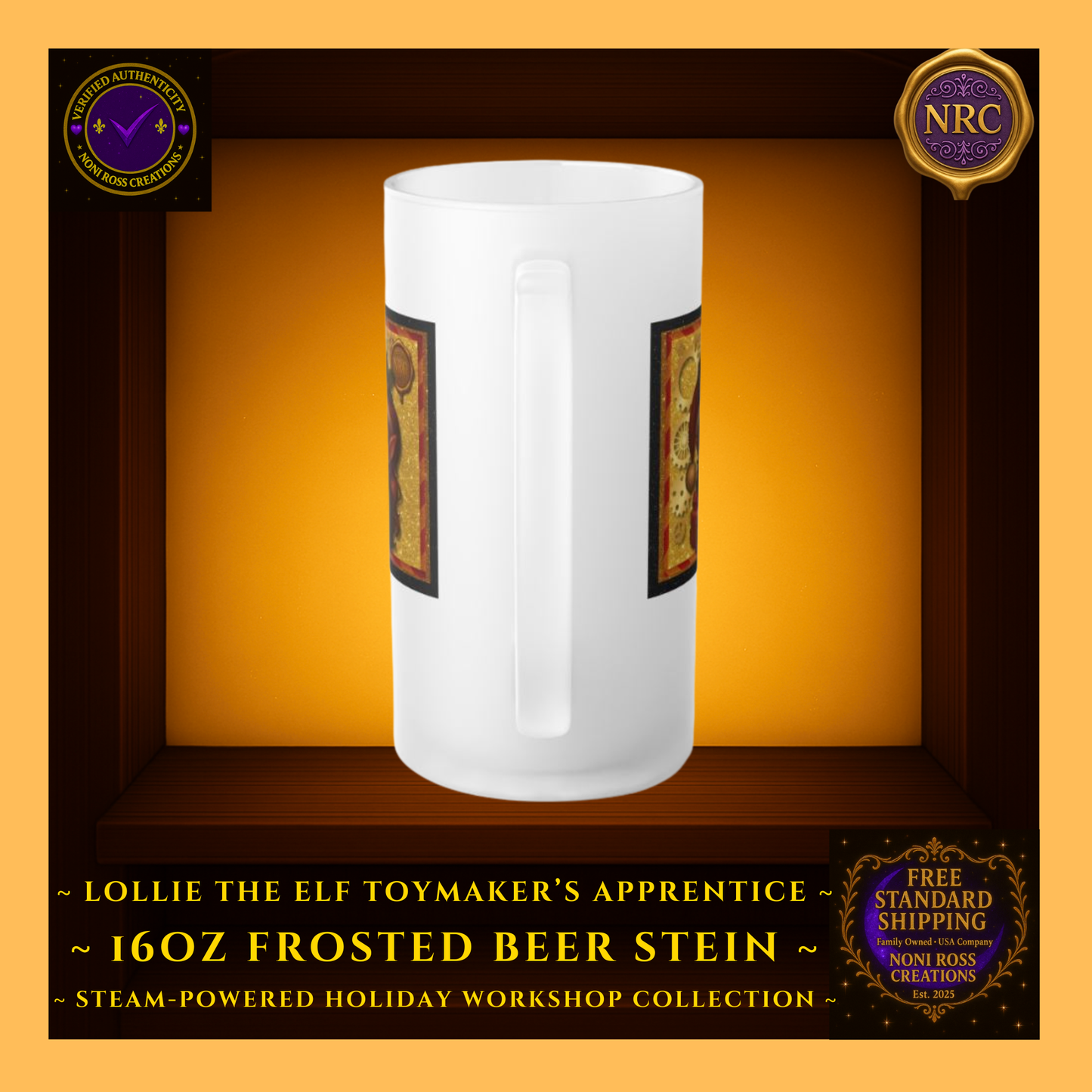 Back view of Steam-Powered Lottie the Elf frosted beer stein in NRC cubby frame, showing frosted glass surface and Noni Ross Creations branding area.