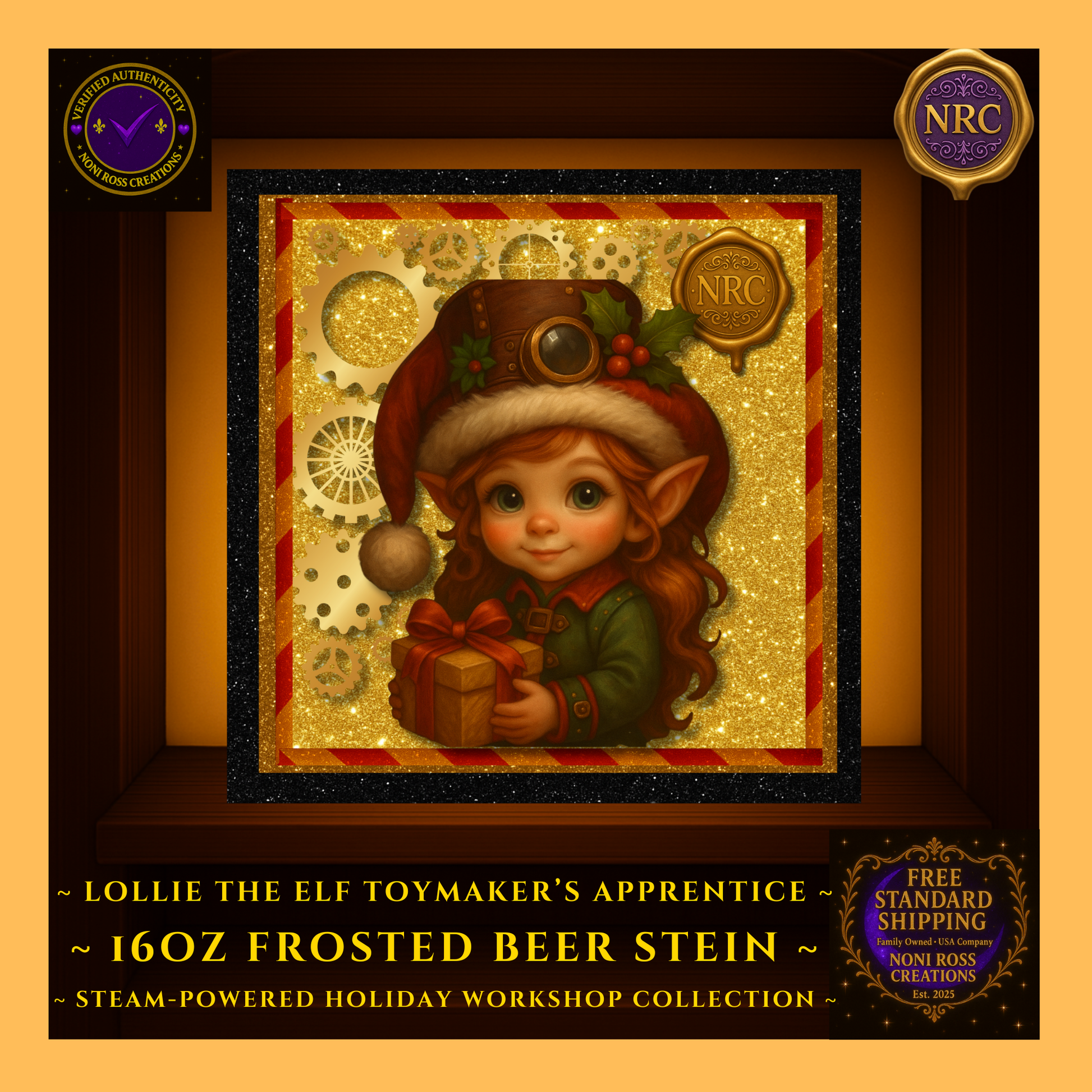 Close-up of Steam-Powered Lottie the Elf artwork on frosted beer stein inside NRC cubby, highlighting her festive outfit, gears, and glowing holiday details.