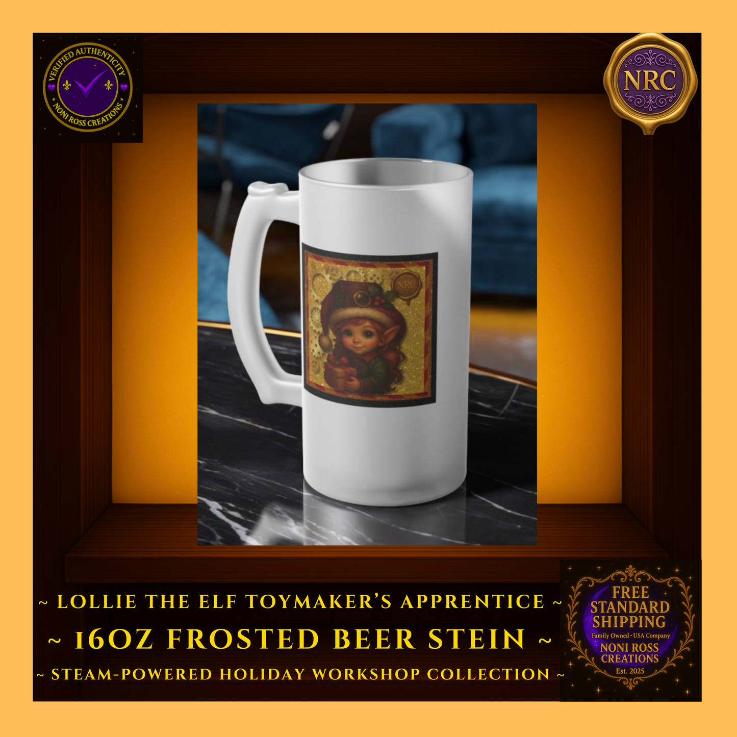 Steam-Powered Lottie the Elf frosted beer stein in NRC cubby lifestyle setting, shown filled and ready for festive winter drinks as a fun holiday gift.