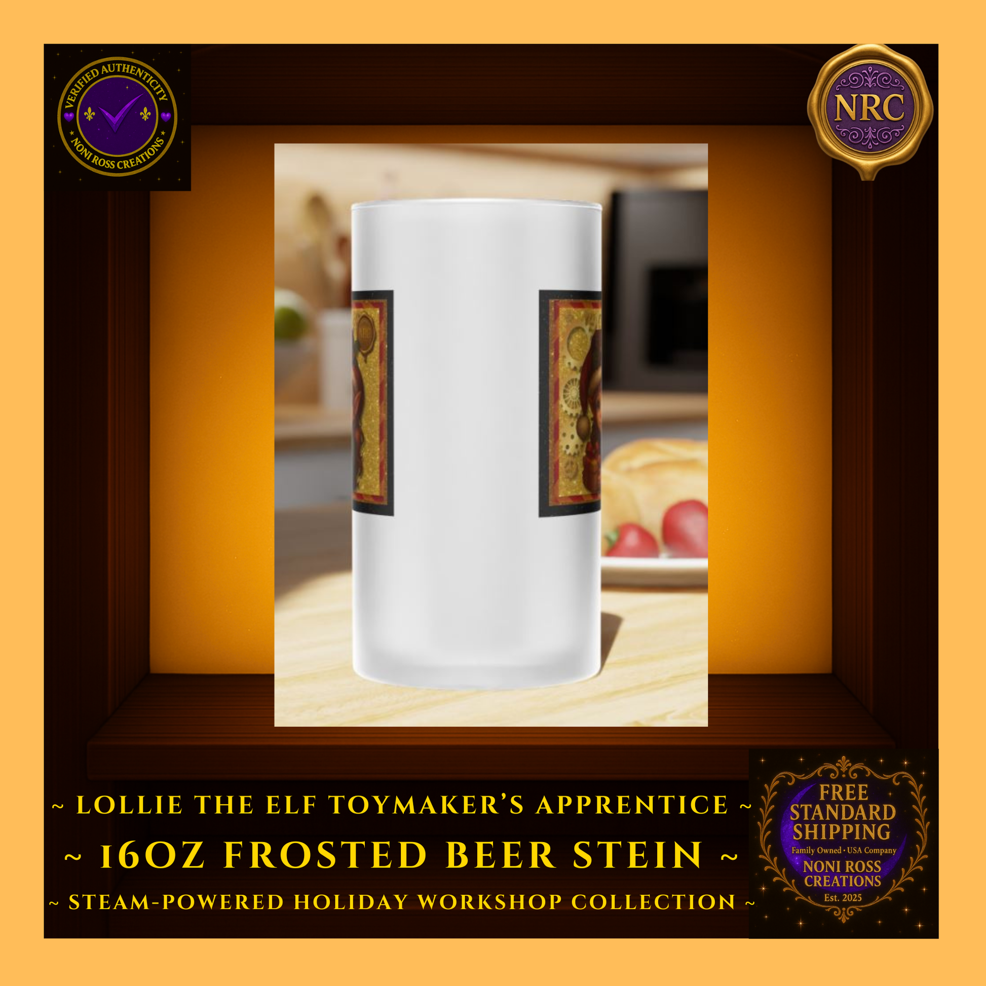 Steam-Powered Lottie the Elf frosted beer stein in NRC cubby lifestyle display, featured as a gift-ready Christmas barware piece from Noni Ross Creations.