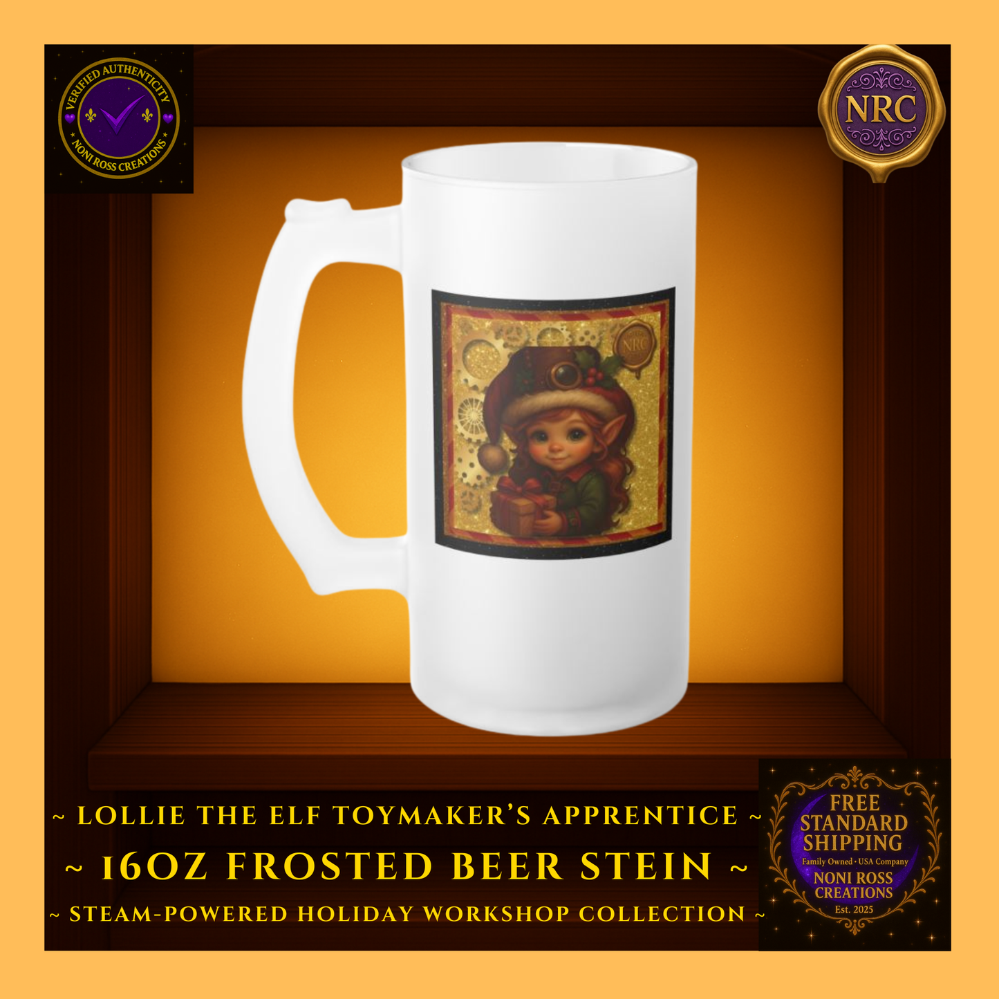 Steam-Powered Lottie the Elf frosted beer stein centered in NRC cubby frame, full front steampunk holiday elf artwork clearly visible.