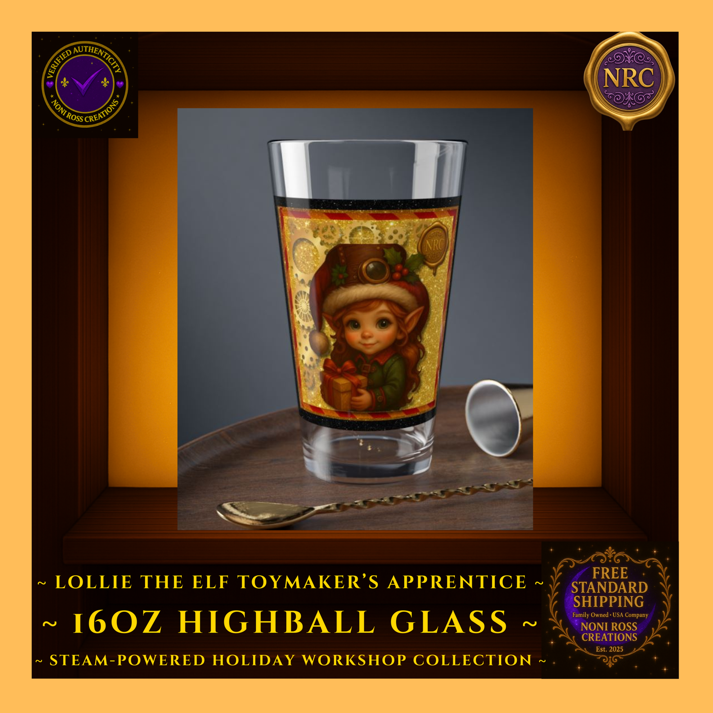 Steam-Powered Lottie the Elf 16oz highball glass in NRC cubby lifestyle scene, styled as whimsical Christmas cocktail or mocktail glass on a holiday surface.