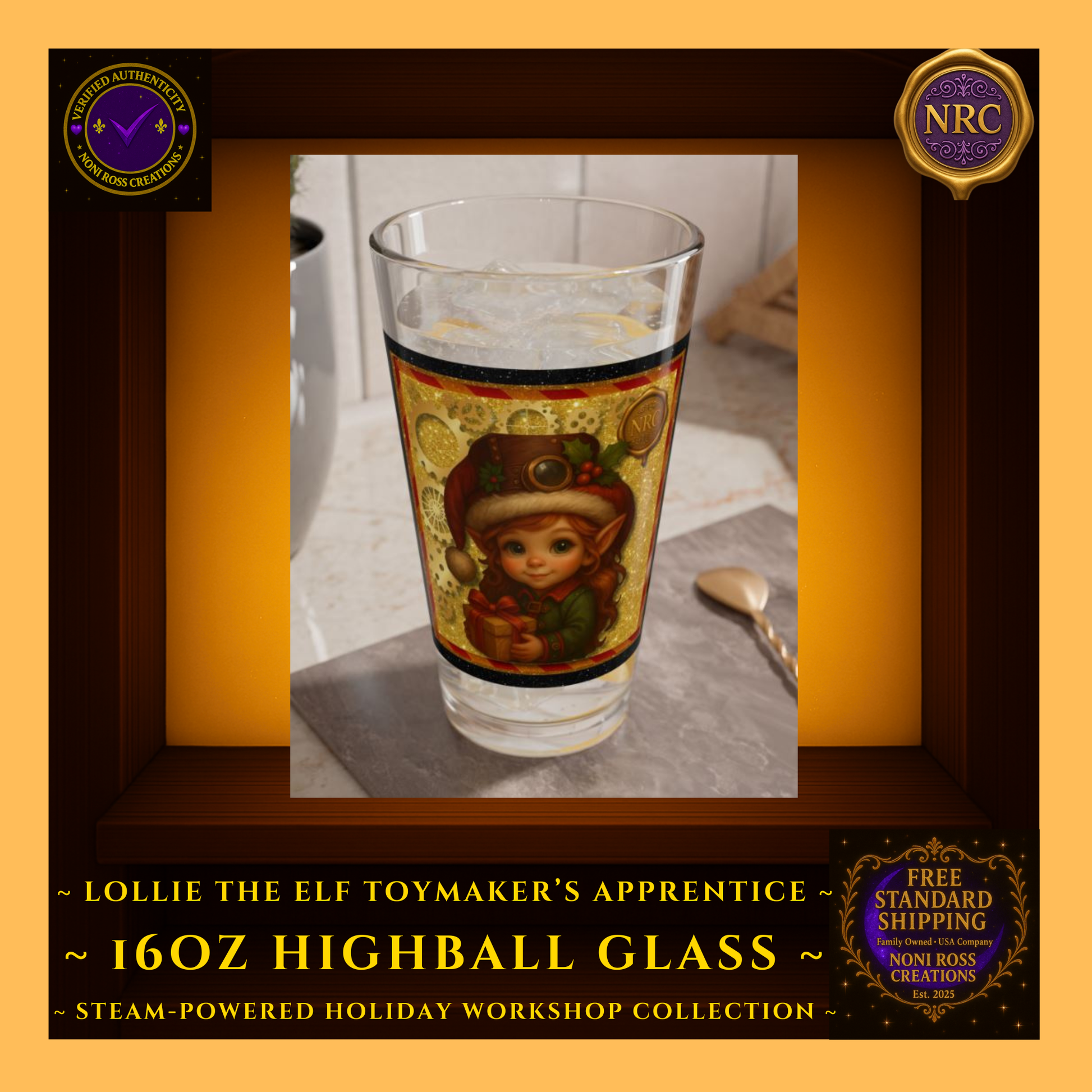 Steam-Powered Lottie the Elf 16oz highball glass in NRC cubby lifestyle setting, shown as festive barware and a gift-ready Christmas glass from Noni Ross Creations.
