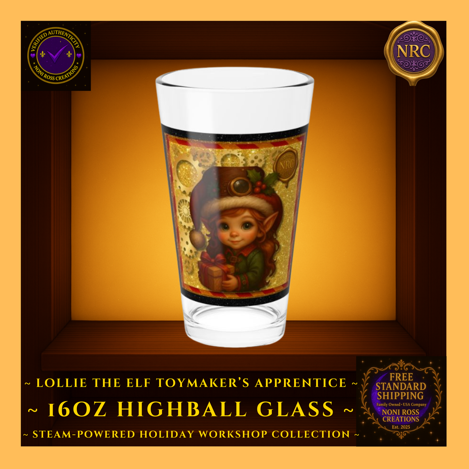 Steam-Powered Lottie the Elf 16oz highball glass centered in NRC cubby frame, full front steampunk holiday elf artwork clearly visible.