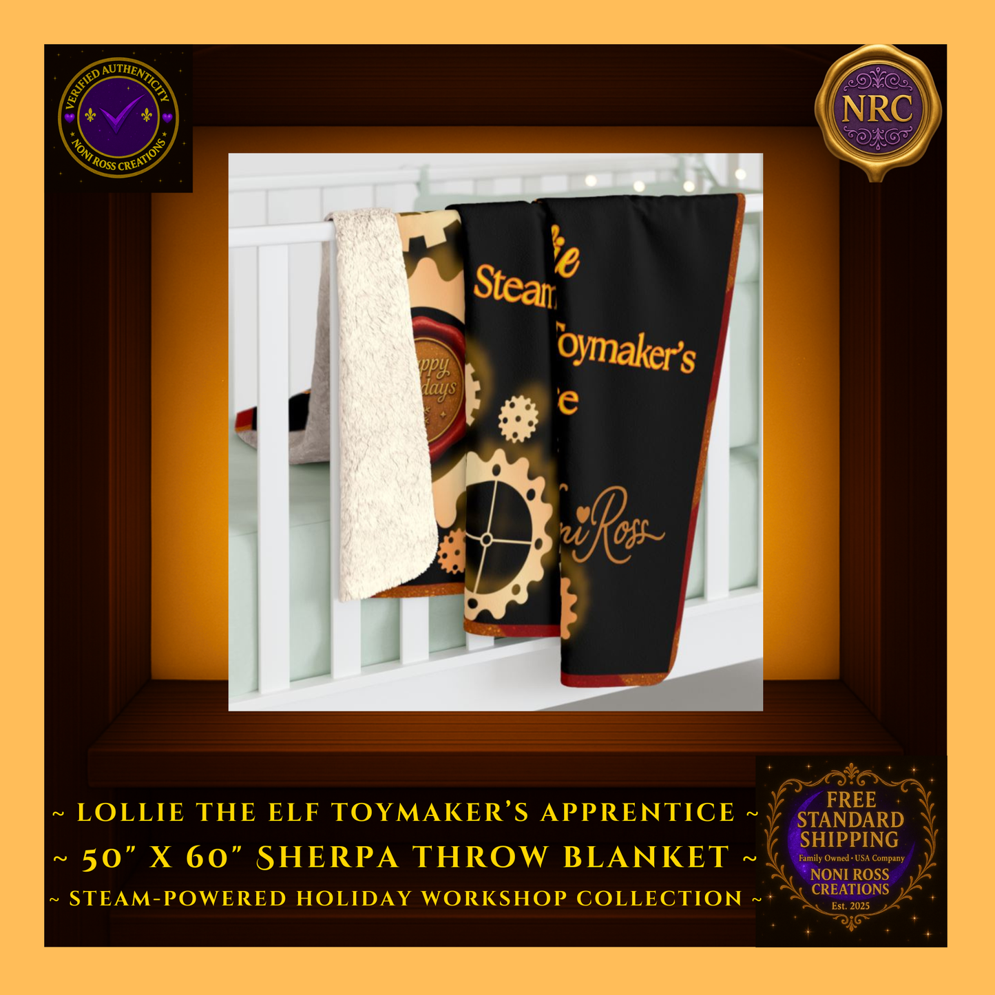 Gold cubby lifestyle image of the Lottie the Elf blanket draped over a crib, highlighting its festive red-and-gold colors and cozy plush fabric