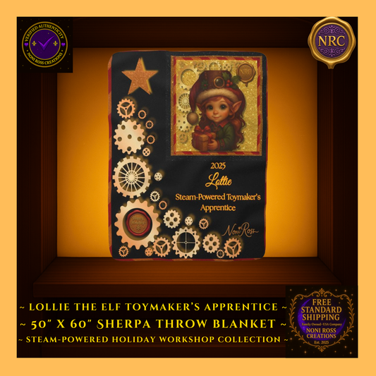 Main gold cubby image of the Lottie the Elf red and gold fleece blanket featuring Lottie holding a gift, surrounded by glowing gears and holiday sparkle