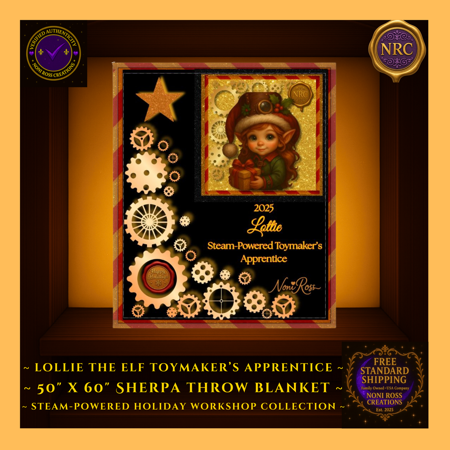 Close-up gold cubby view showing detailed artwork of Lottie the Elf, golden gears, sparkles, and rich red-and-gold steampunk accents on the blanket