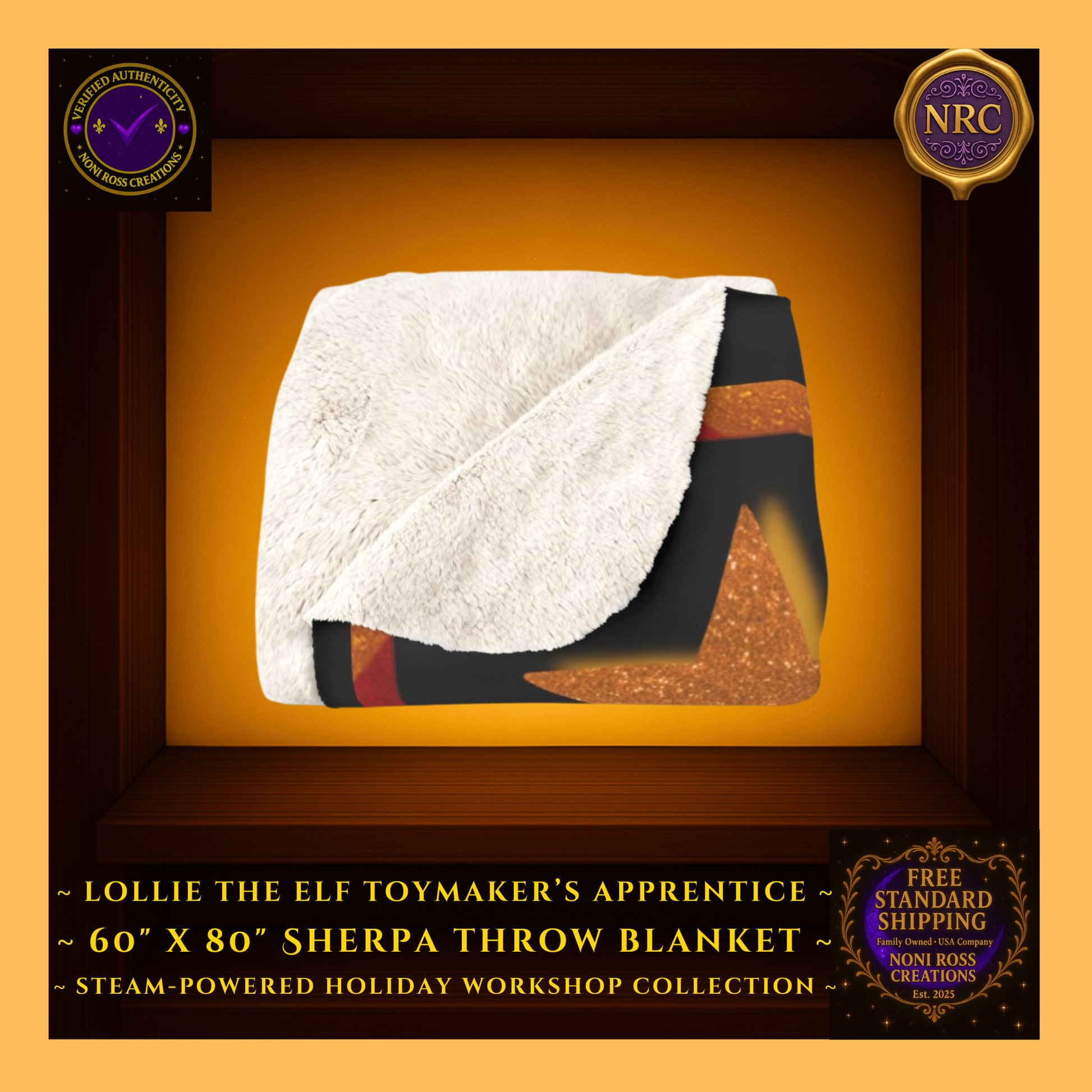 Folded gold cubby display of the 60×80 Lottie the Elf blanket showing the plush fleece texture, golden gear accents, and vibrant holiday artwork