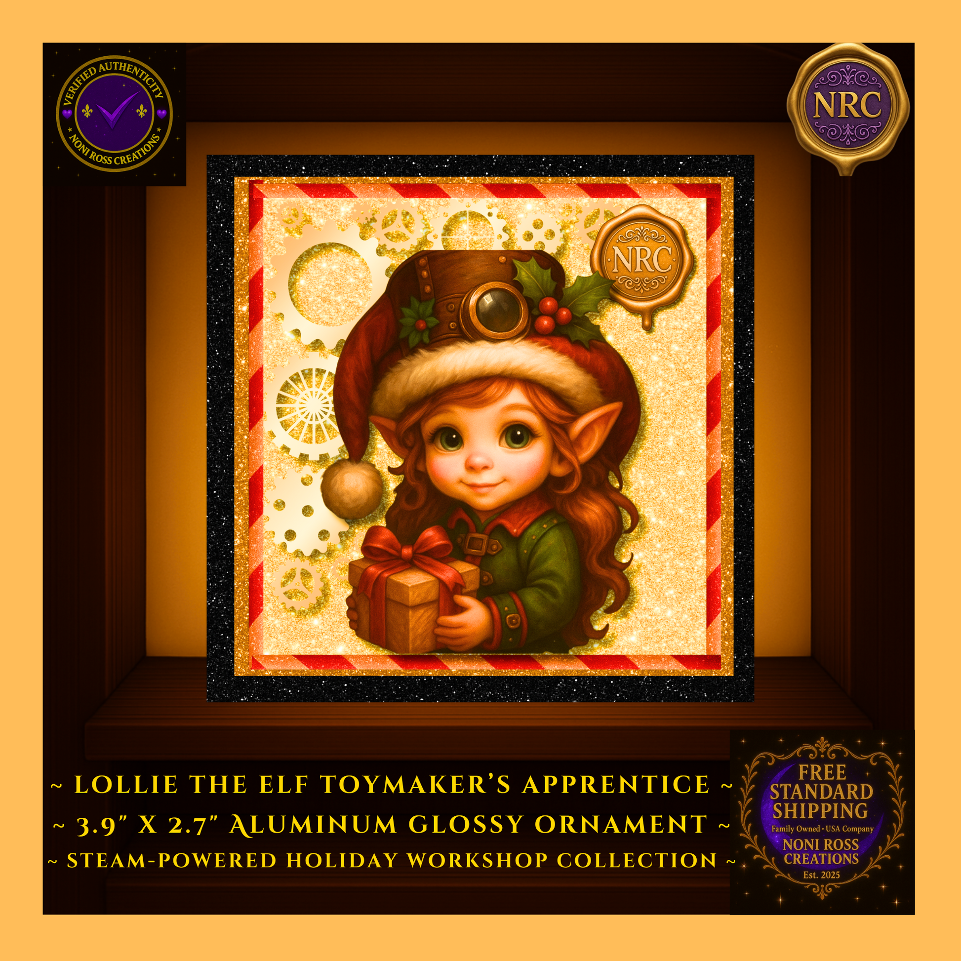 Close-up of Steam-Powered Lottie the Elf artwork on metal ornament inside NRC cubby, highlighting her festive outfit, gears, and glowing holiday background.