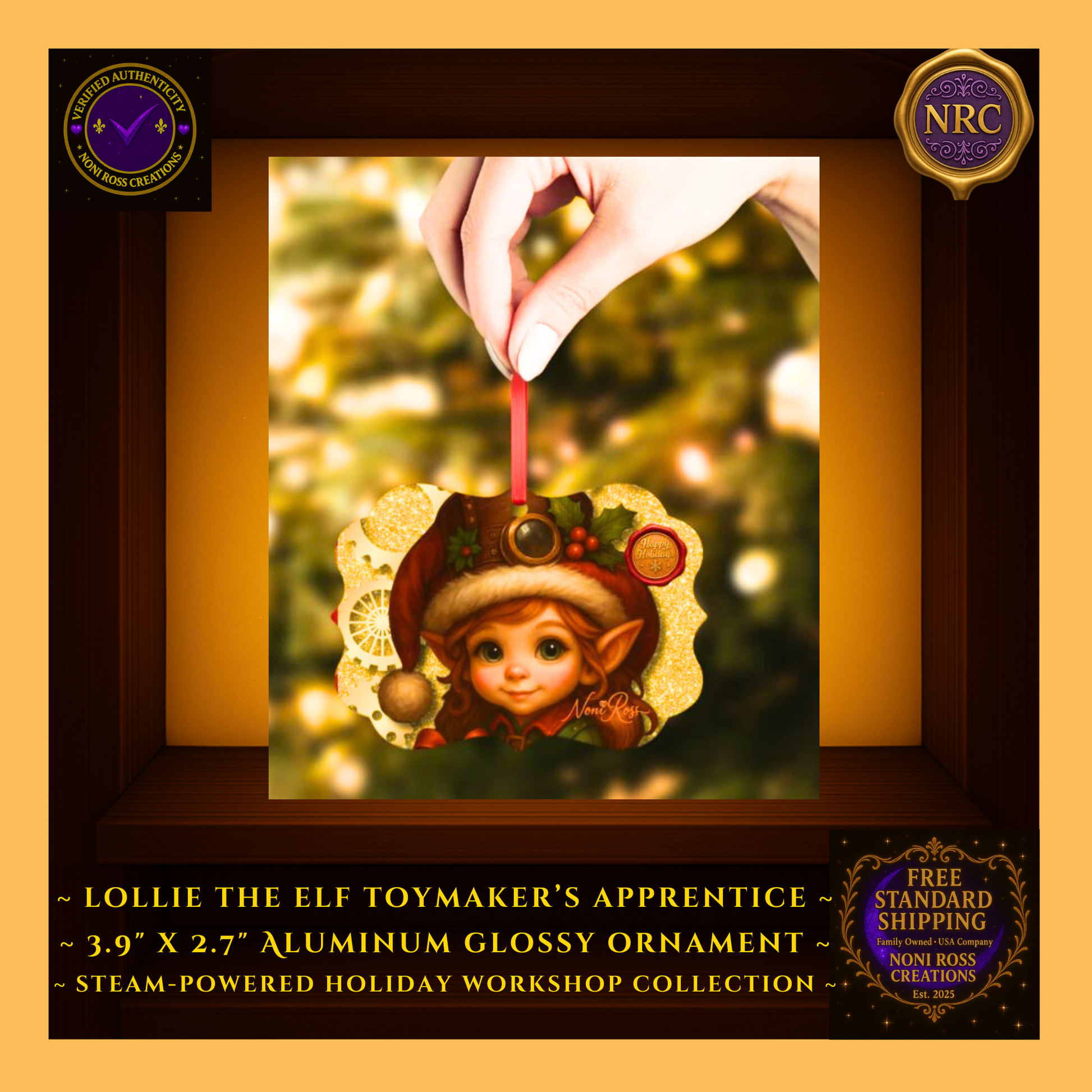 Steam-Powered Lottie the Elf metal ornament in NRC cubby lifestyle setting, displayed as a gift-ready keepsake ornament beside festive holiday décor.