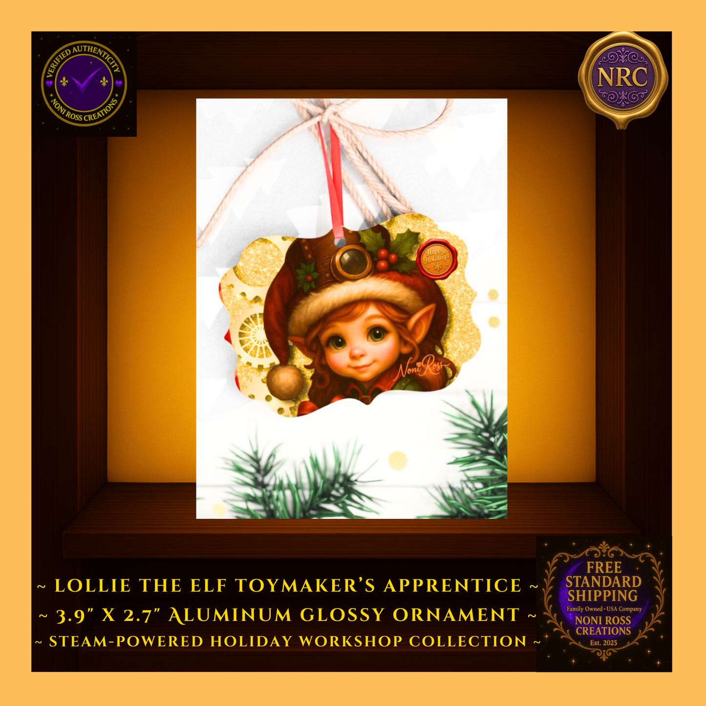 Steam-Powered Lottie the Elf metal ornament in NRC cubby lifestyle display, featured as a collectible steampunk Christmas ornament from Noni Ross Creations.