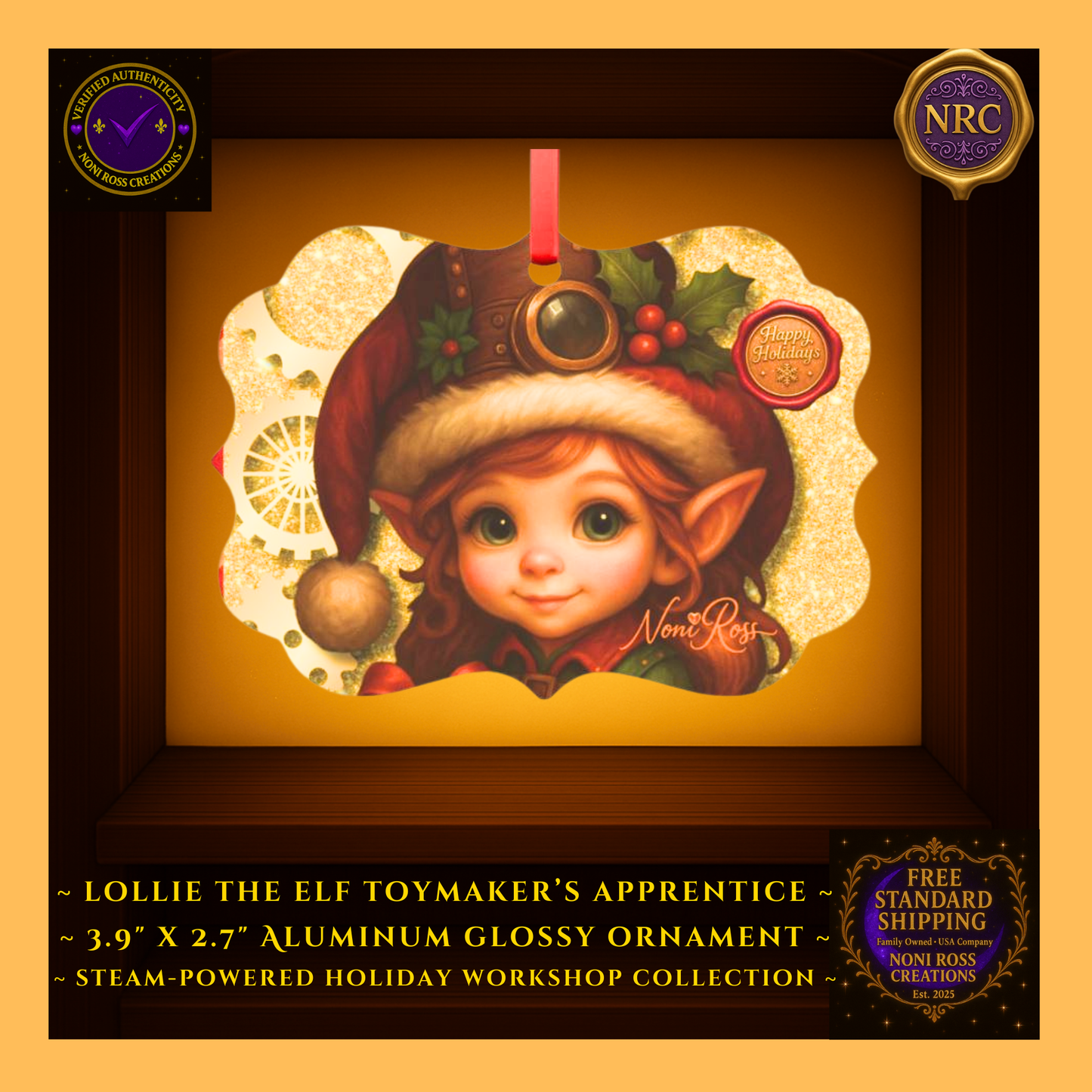 Steam-Powered Lottie the Elf metal Christmas ornament centered in NRC cubby frame, full front steampunk holiday elf artwork clearly visible.
