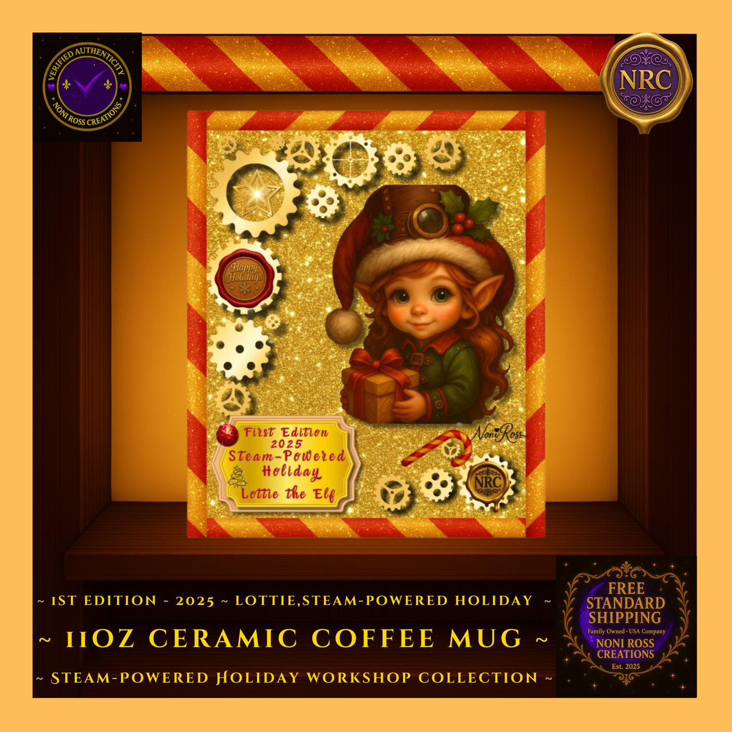 Close-up gold cubby view of Lottie the Elf First Edition 2025 artwork showing holiday gears, nameplate, and steampunk Christmas detailing