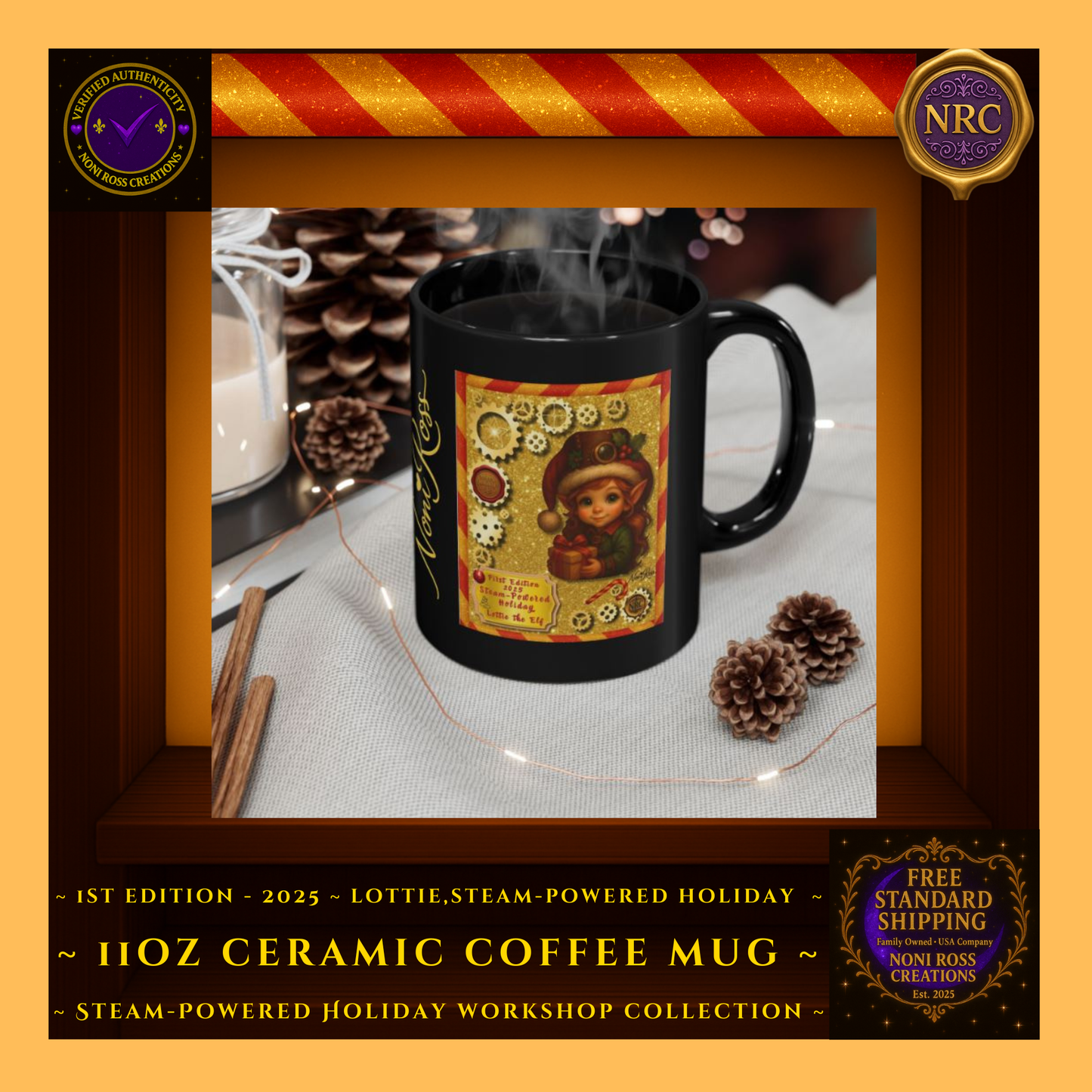 Lifestyle gold cubby image showing the Lottie the Elf First Edition mug in a holiday gift scene with ornaments and ribbon