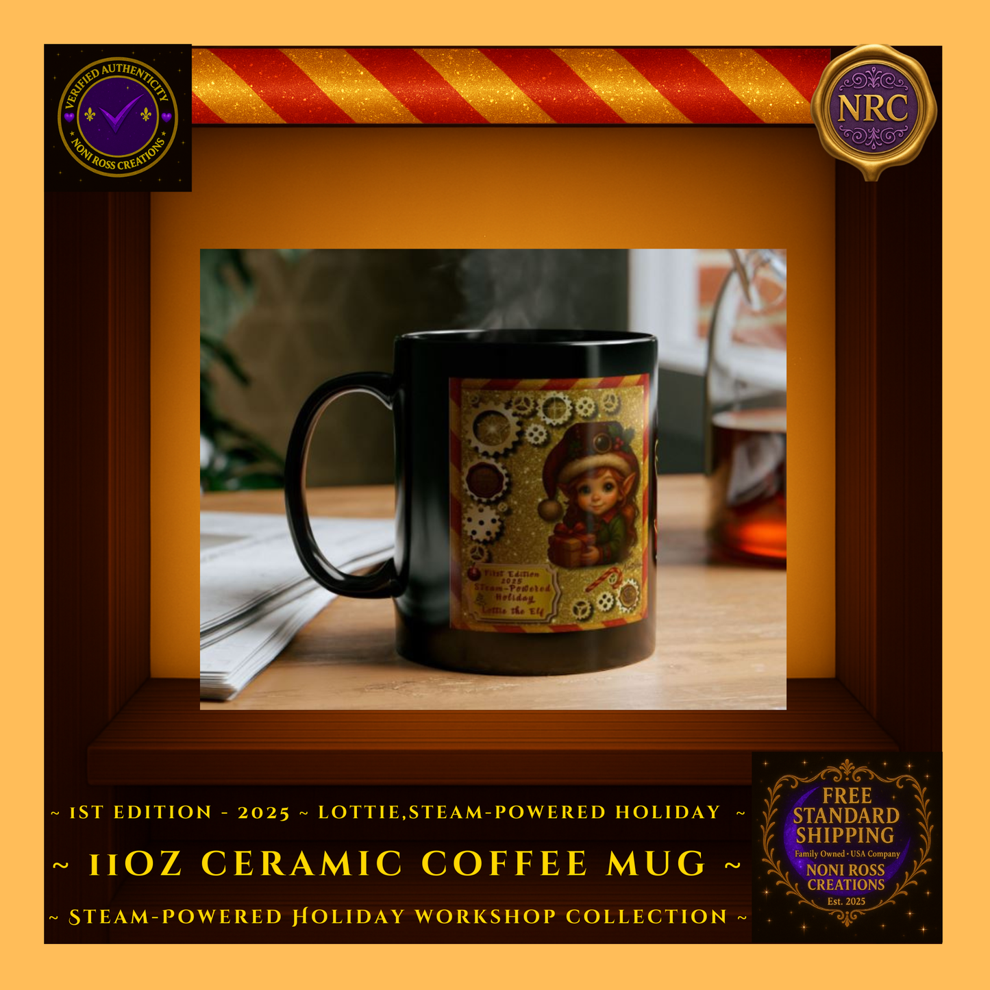 Lifestyle gold cubby image of Lottie the Elf First Edition mug displayed in a cozy holiday home setting with festive décor